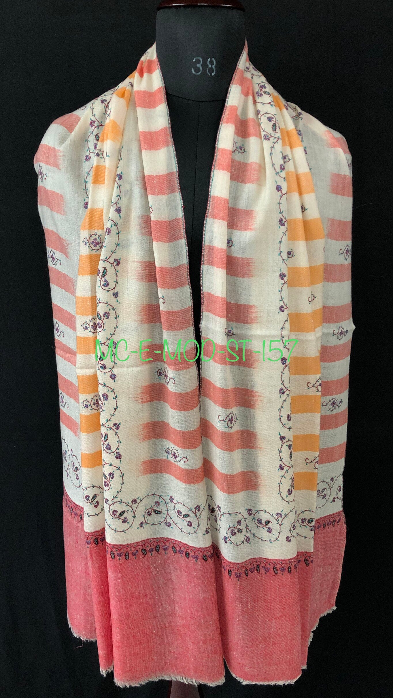 Handwoven Cashmere Pashmina Stole: Ikkat Weave, Sozni Embroidery