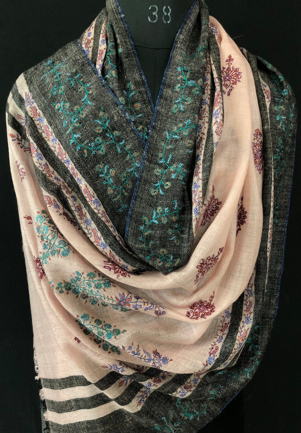 Silver pink modern design sozni fine hand embroidered real cashmere pashmina stole scarf shawl - Mehraj Crafts 