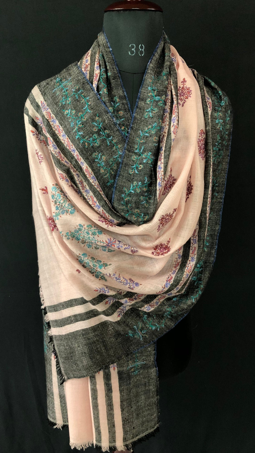 Silver pink modern design sozni fine hand embroidered real cashmere pashmina stole scarf shawl - Mehraj Crafts 