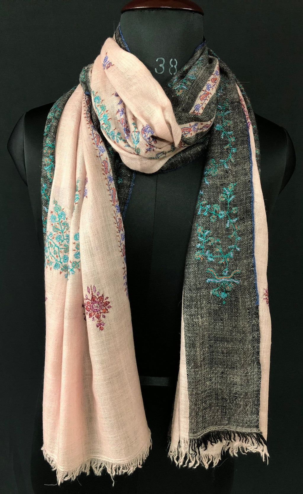 Silver pink modern design sozni fine hand embroidered real cashmere pashmina stole scarf shawl - Mehraj Crafts 