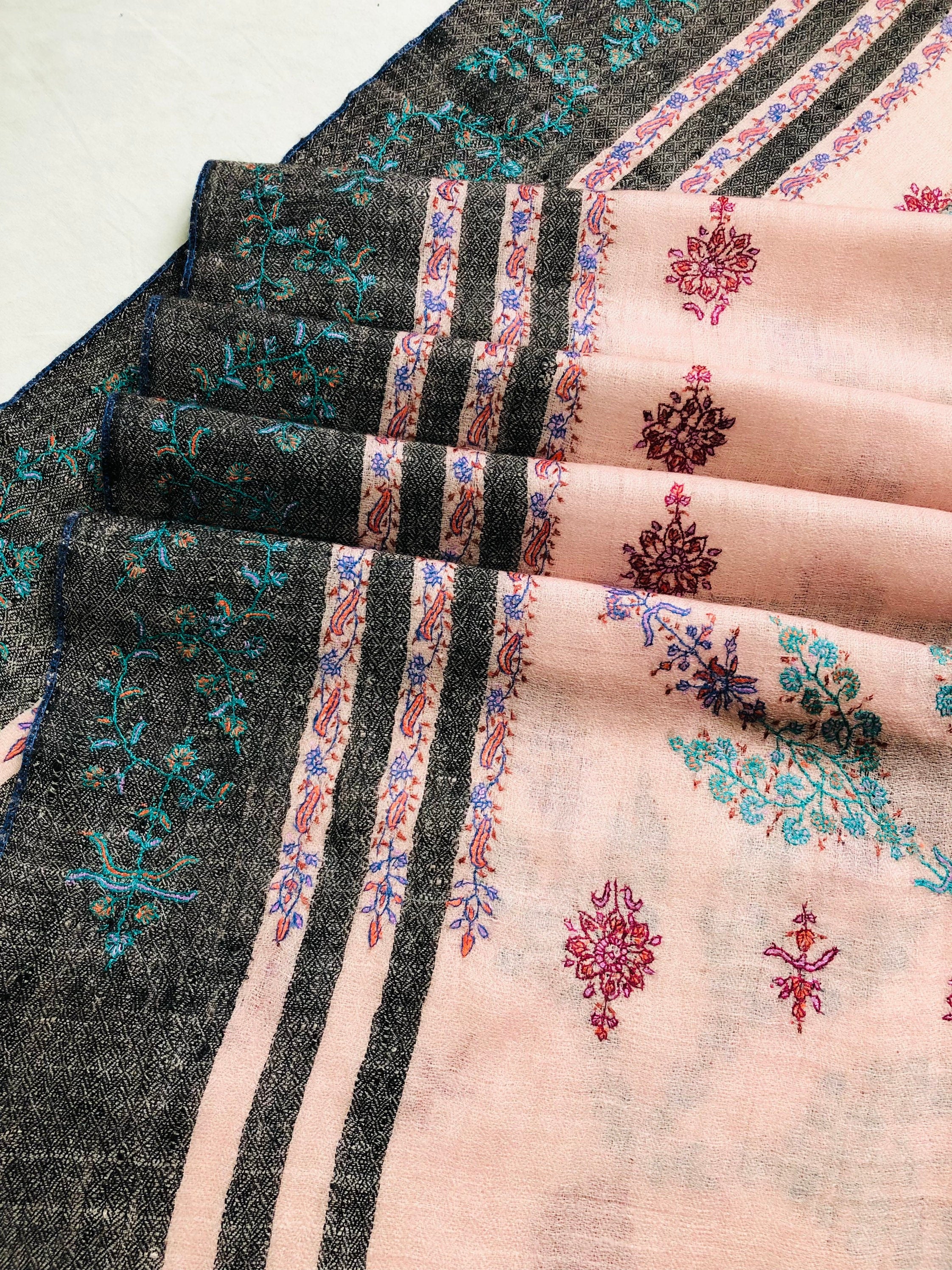 Silver pink modern design sozni fine hand embroidered real cashmere pashmina stole scarf shawl - Mehraj Crafts 