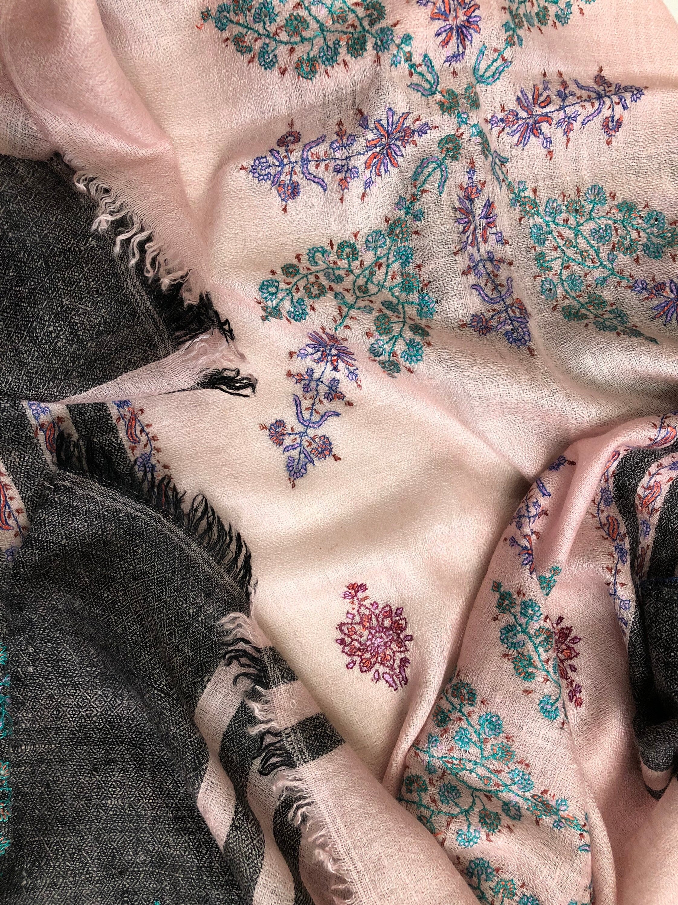 Silver pink modern design sozni fine hand embroidered real cashmere pashmina stole scarf shawl - Mehraj Crafts 