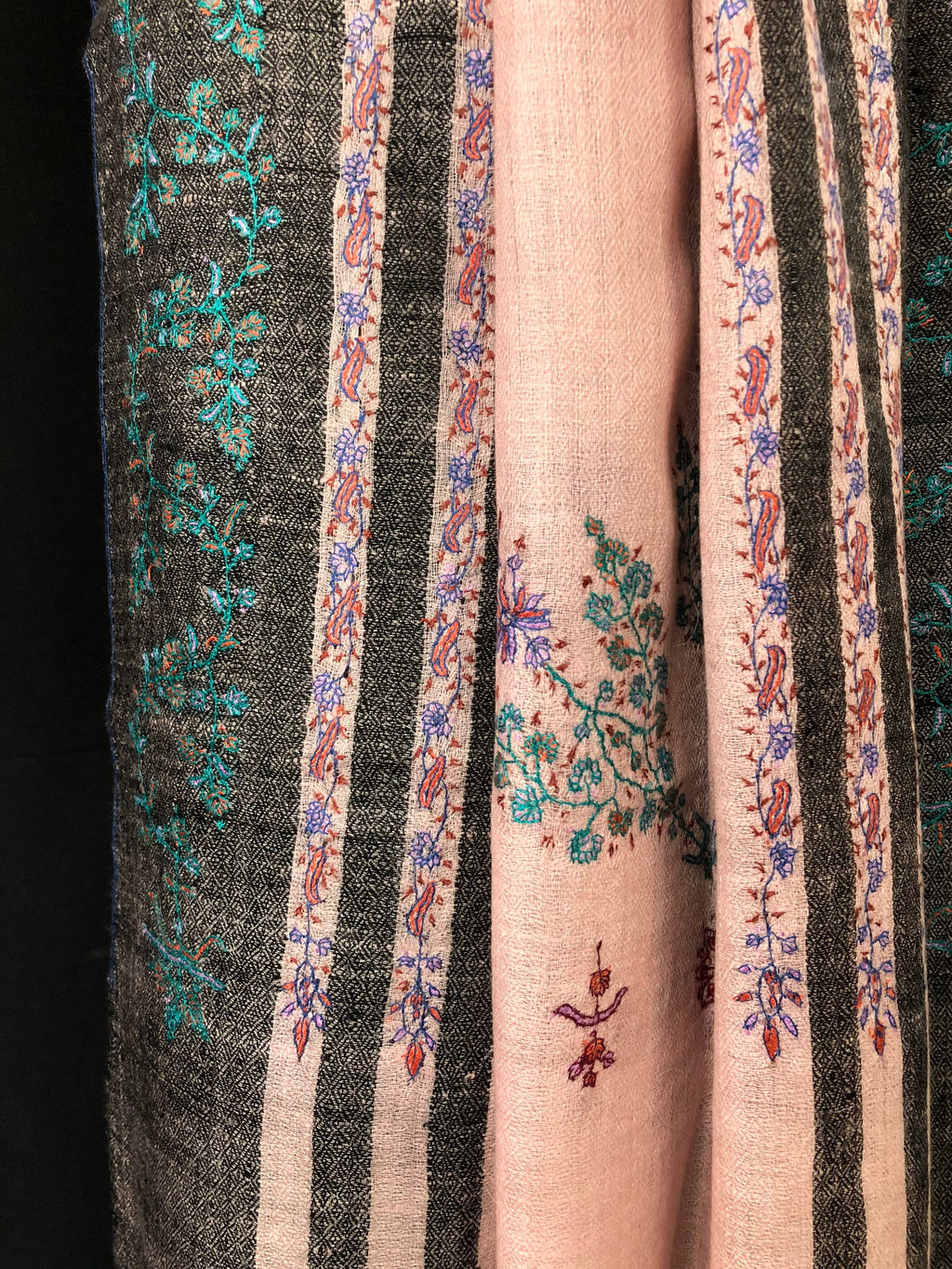 Silver pink modern design sozni fine hand embroidered real cashmere pashmina stole scarf shawl - Mehraj Crafts 