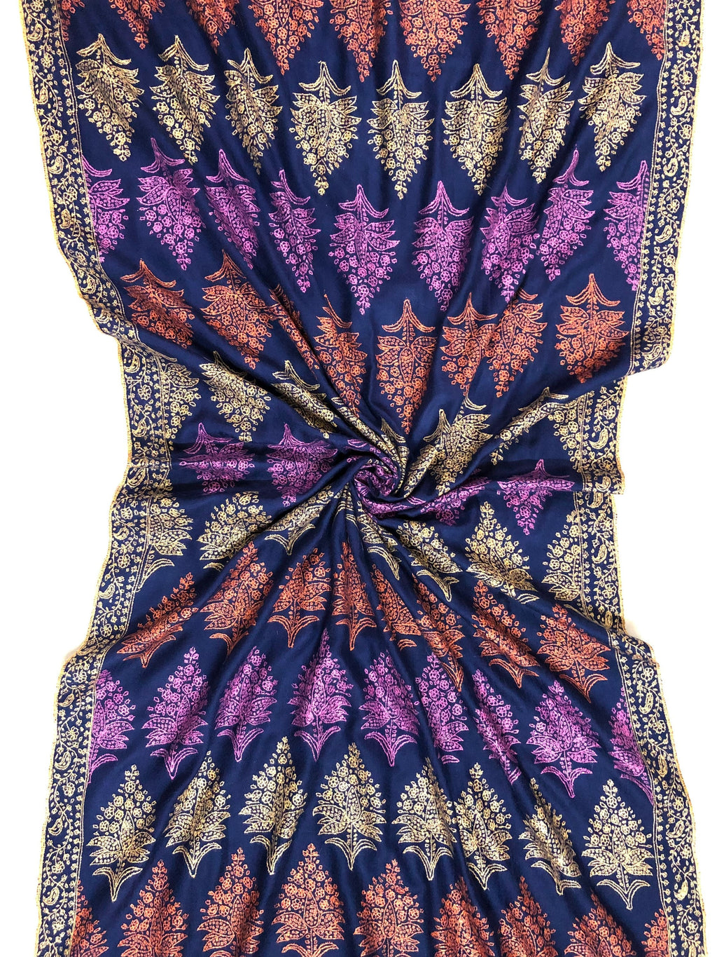 Pashmina christmas dayTimeless exclusive navy blue bootidar jamawar micro fine embroidery handcrafted real cashmere pashmina stole - Mehraj Crafts 