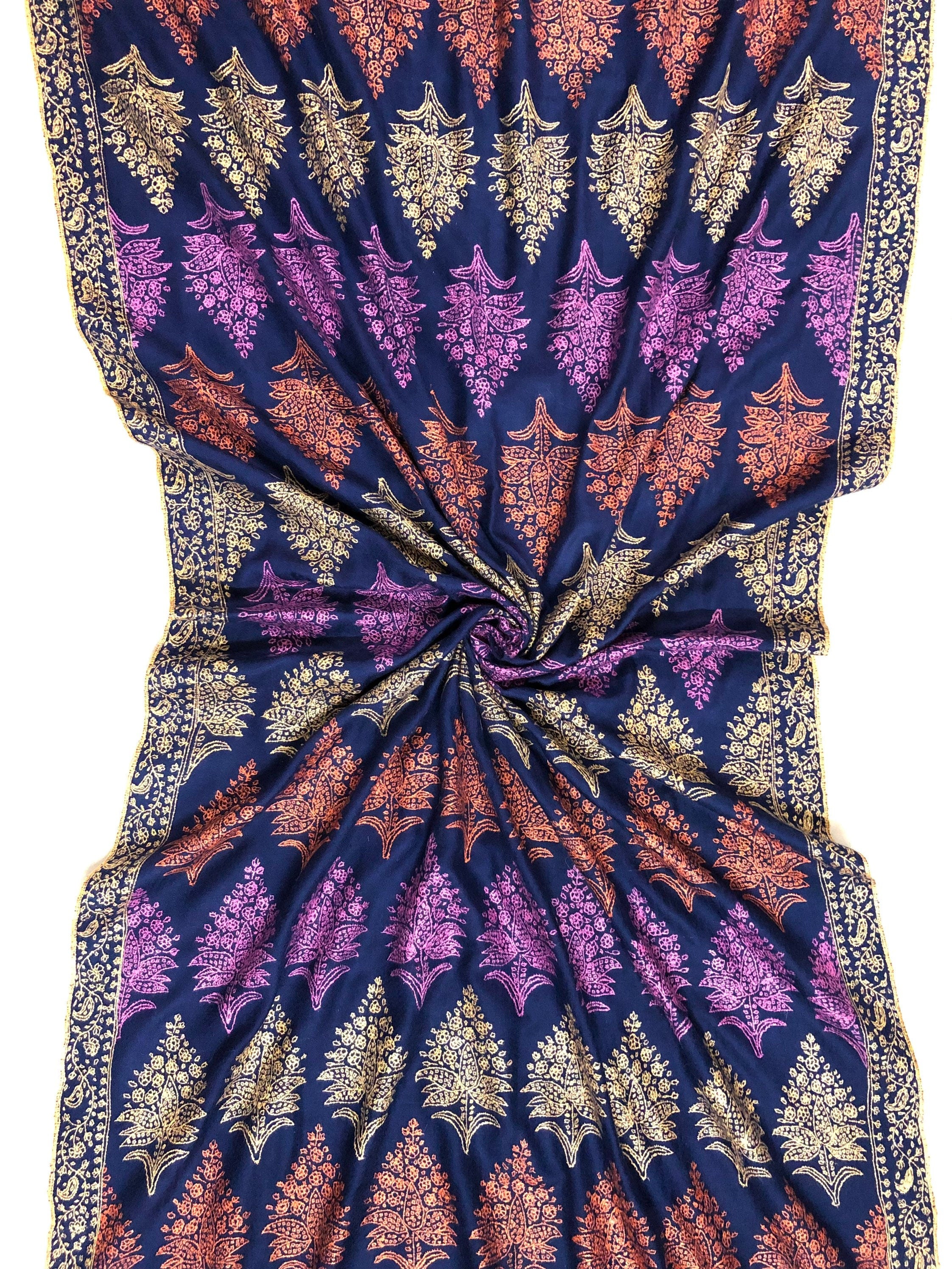 Pashmina christmas dayTimeless exclusive navy blue bootidar jamawar micro fine embroidery handcrafted real cashmere pashmina stole - Mehraj Crafts 
