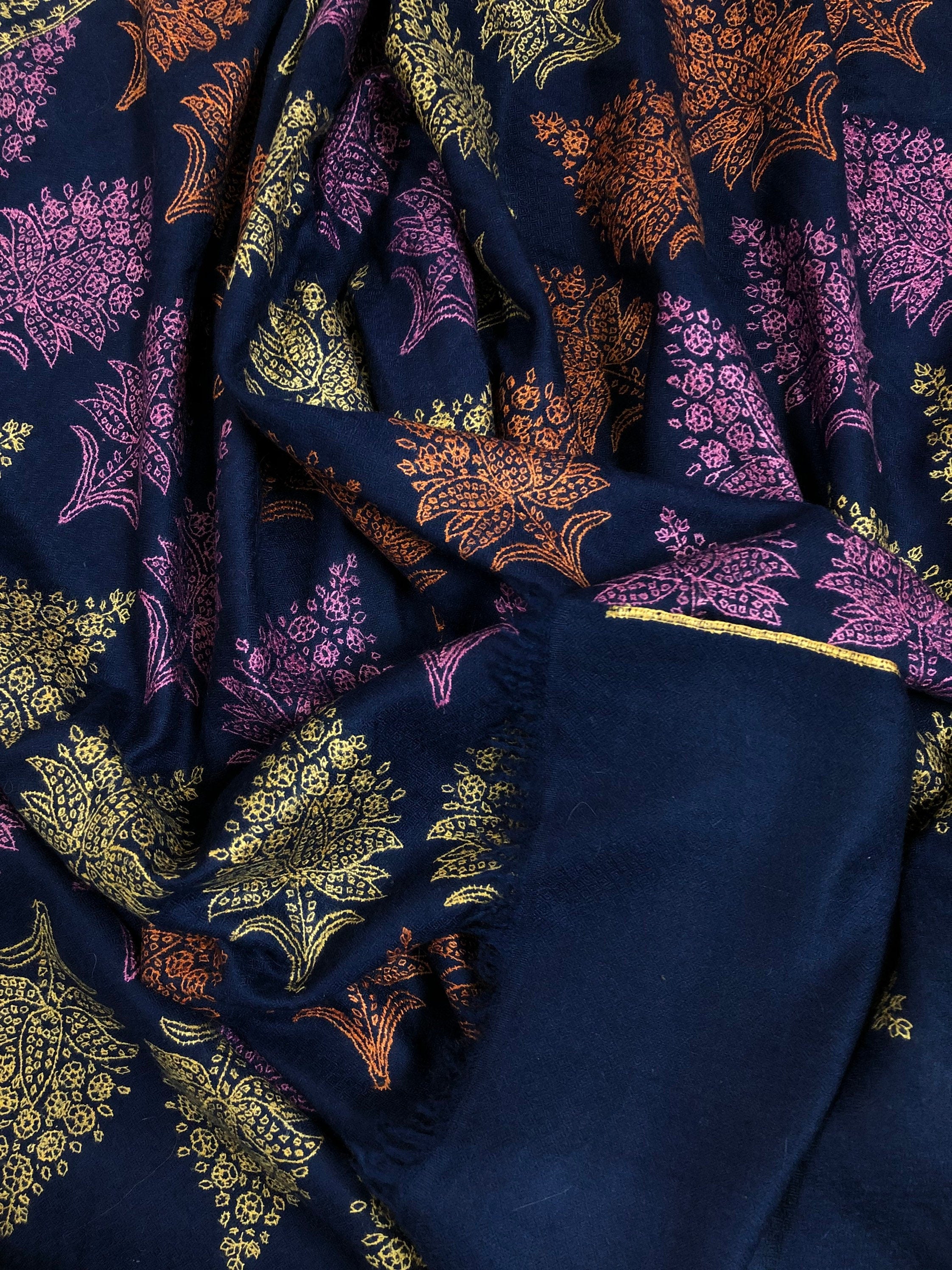 Handcrafted Navy Blue Cashmere Pashmina Stole: Kashmiri Embroidery