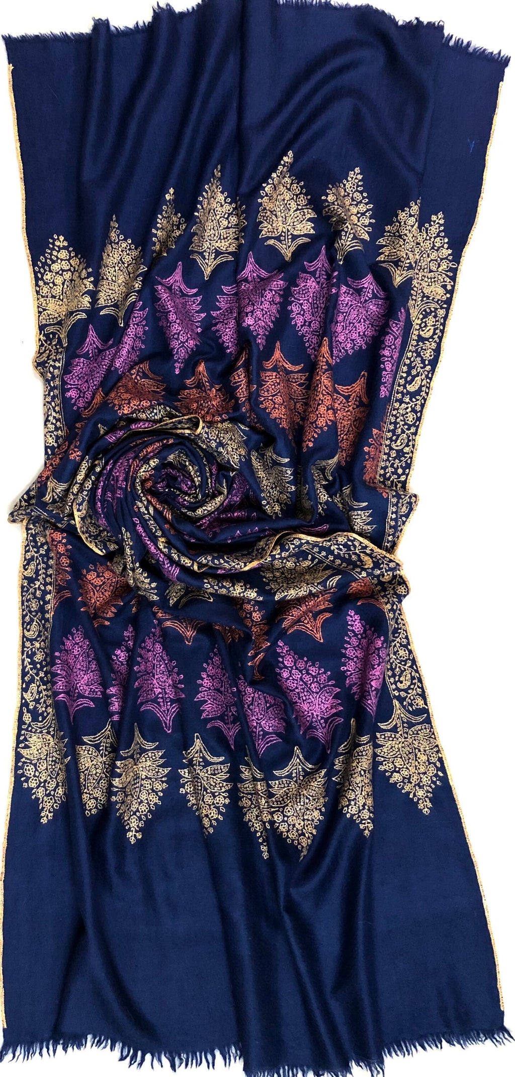Pashmina christmas dayTimeless exclusive navy blue bootidar jamawar micro fine embroidery handcrafted real cashmere pashmina stole - Mehraj Crafts 