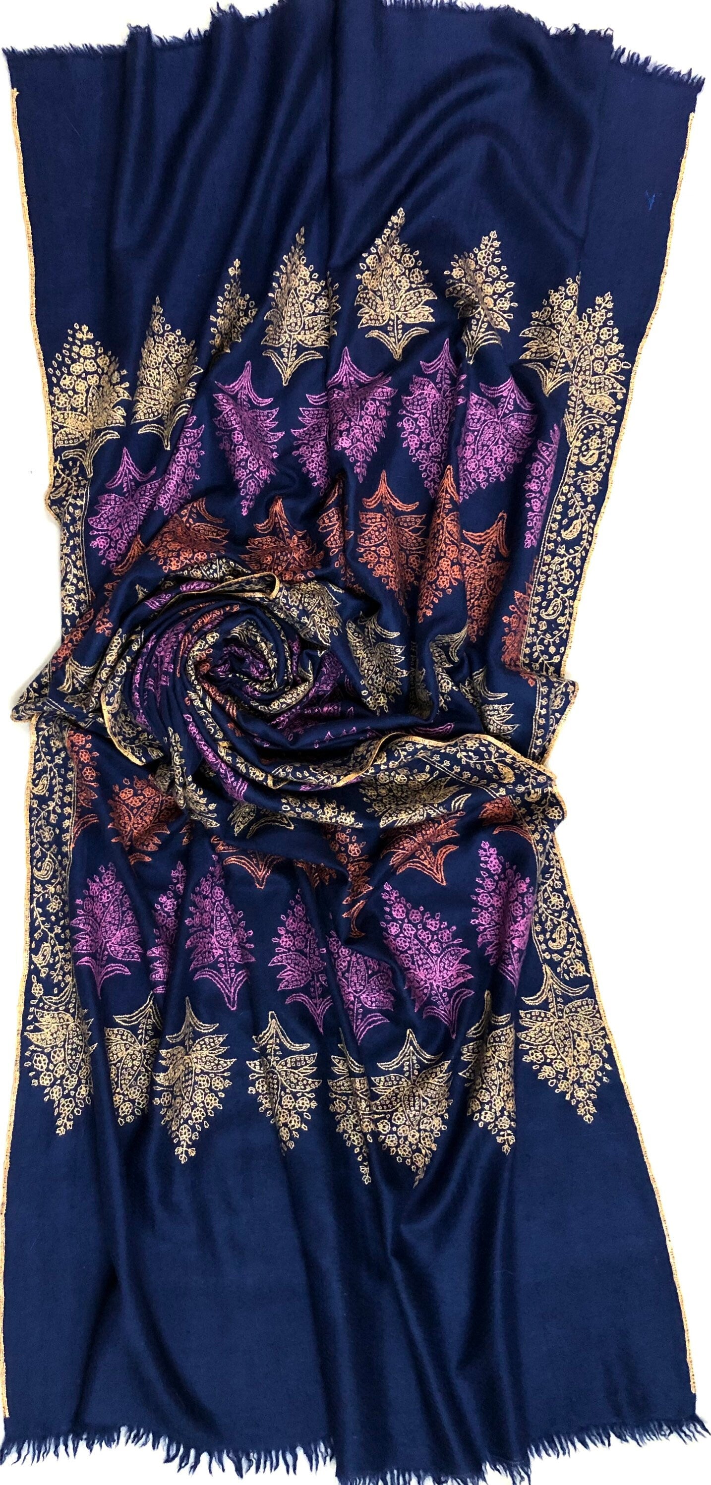 Pashmina christmas dayTimeless exclusive navy blue bootidar jamawar micro fine embroidery handcrafted real cashmere pashmina stole - Mehraj Crafts 