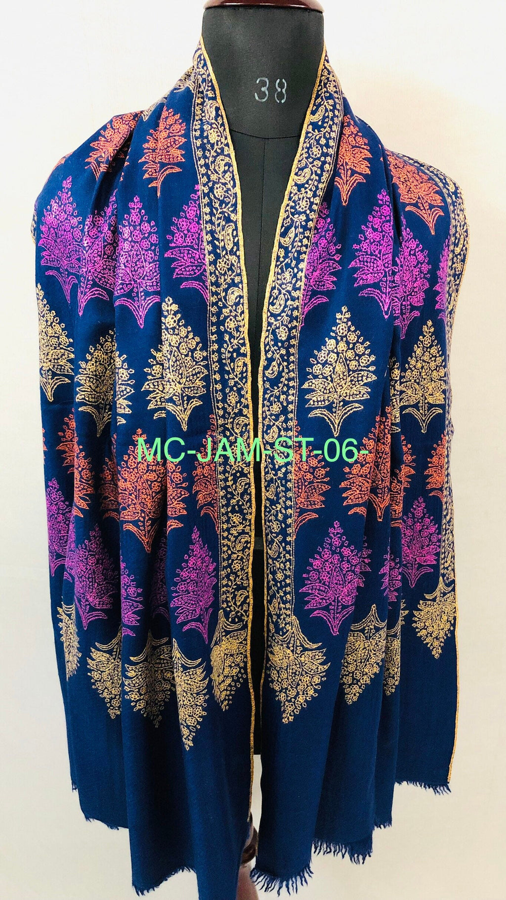 Handcrafted Navy Blue Cashmere Pashmina Stole: Kashmiri Embroidery