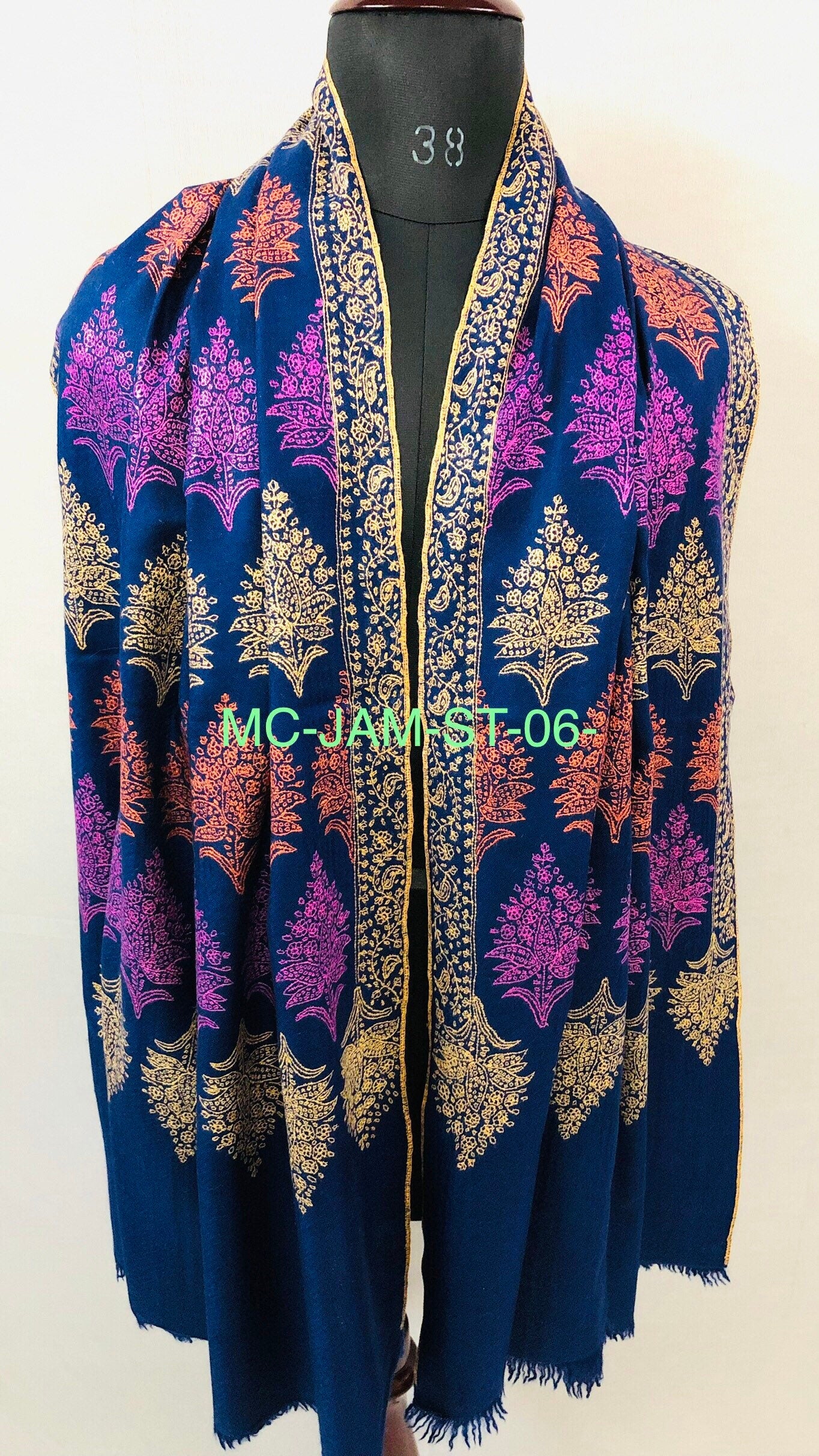 Handcrafted Navy Blue Cashmere Pashmina Stole: Kashmiri Embroidery