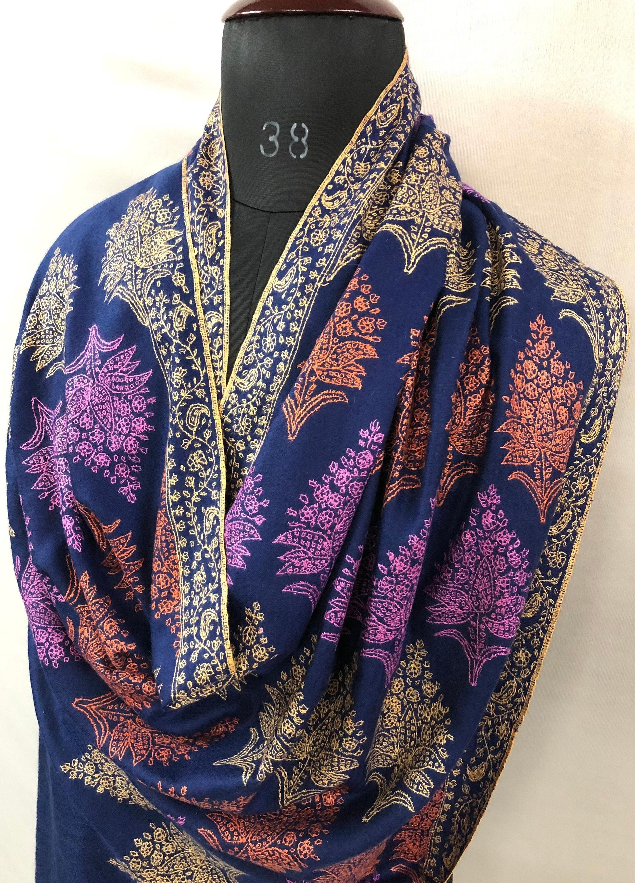 Pashmina christmas dayTimeless exclusive navy blue bootidar jamawar micro fine embroidery handcrafted real cashmere pashmina stole - Mehraj Crafts 