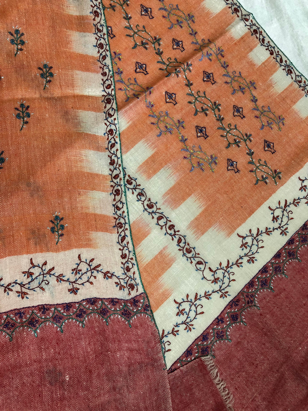 Handmade Real pashmina Papaya punch handwoven ikkat weave pattern real cashmere pashmina stole - Mehraj Crafts 