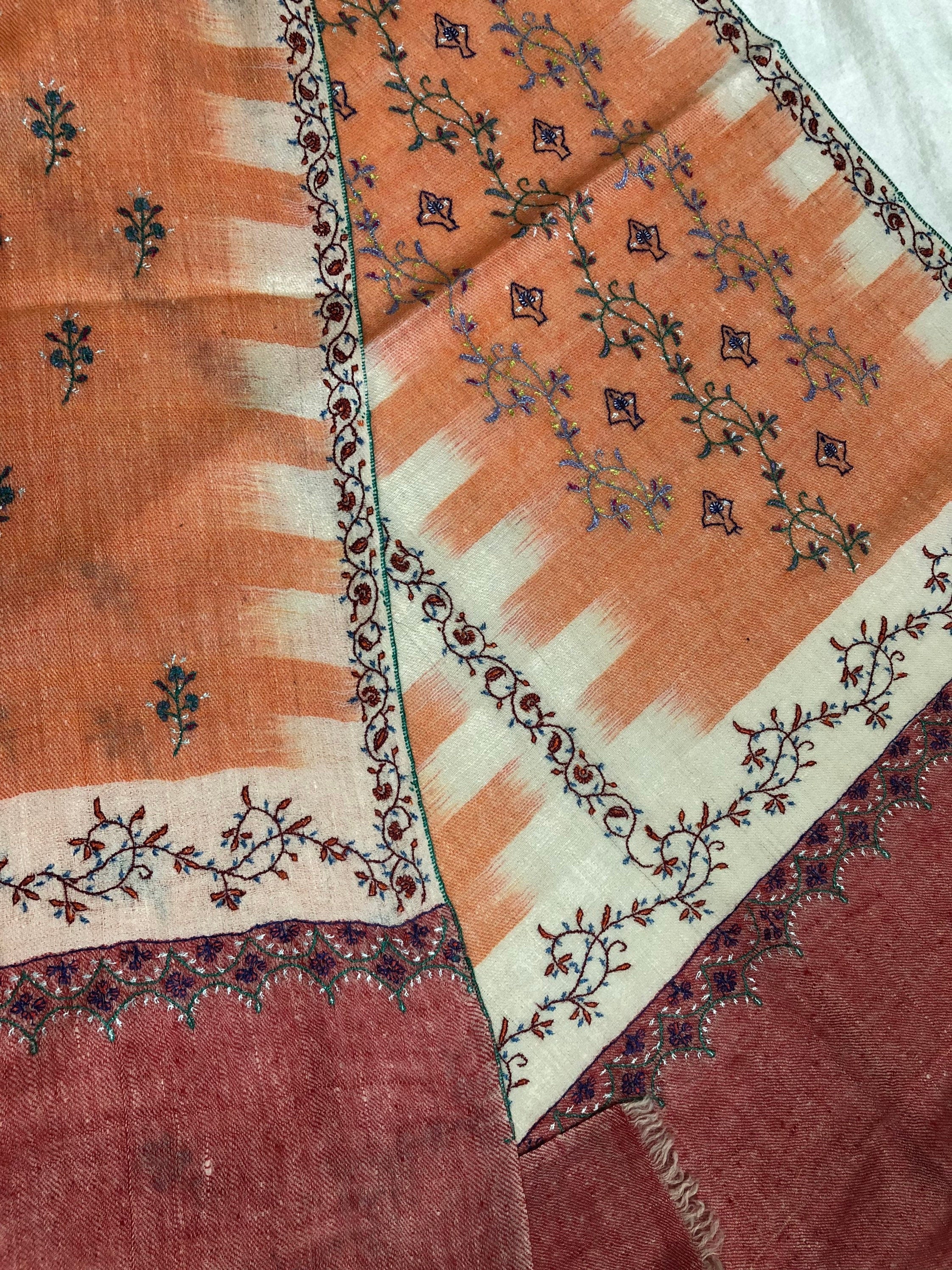 Handmade Real pashmina Papaya punch handwoven ikkat weave pattern real cashmere pashmina stole - Mehraj Crafts 