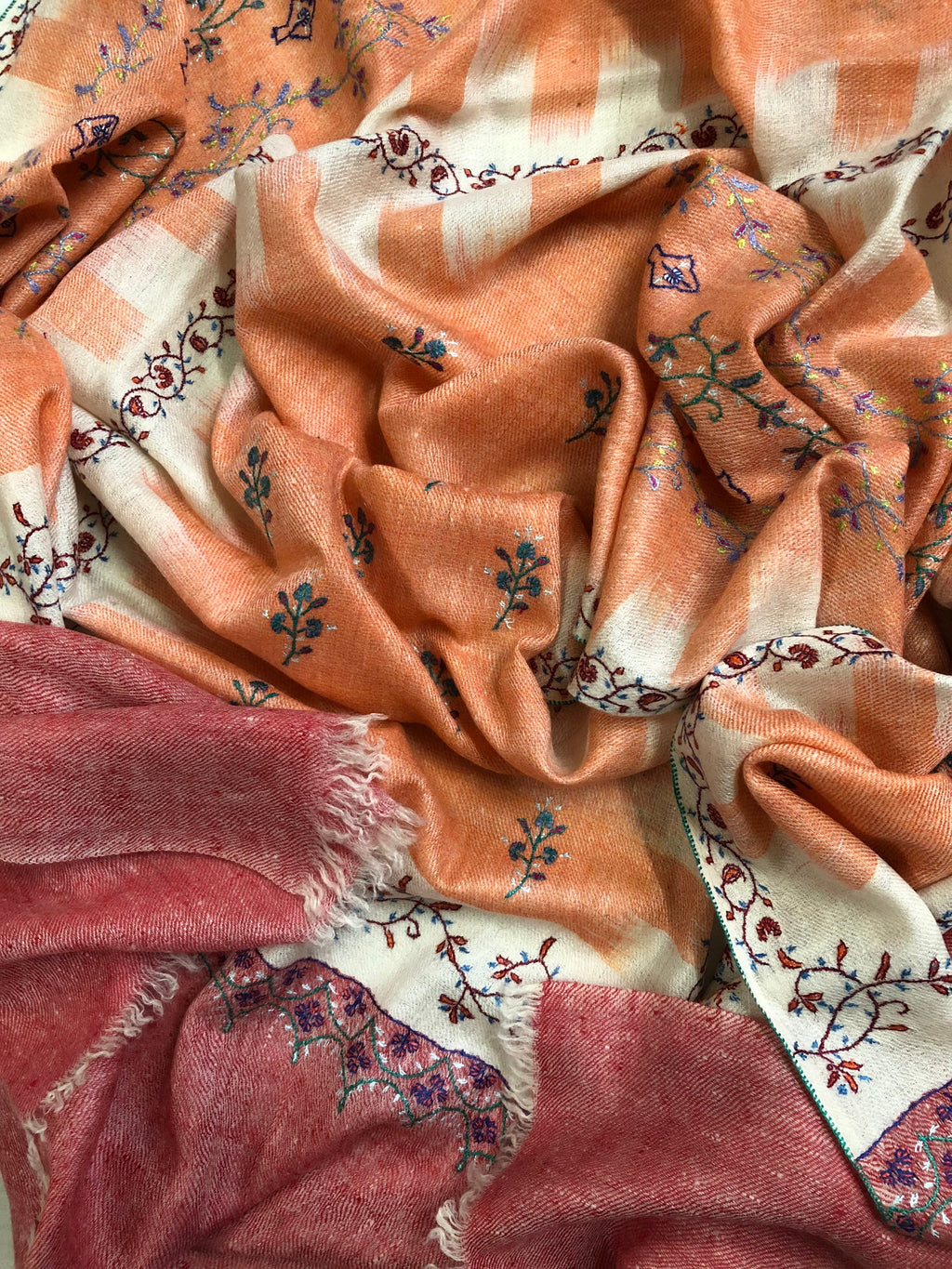 Handmade Real pashmina Papaya punch handwoven ikkat weave pattern real cashmere pashmina stole - Mehraj Crafts 