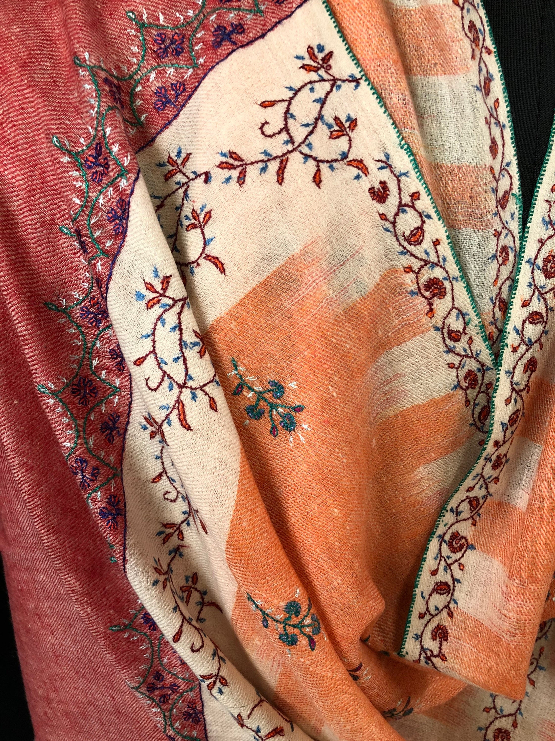 Handmade Real pashmina Papaya punch handwoven ikkat weave pattern real cashmere pashmina stole - Mehraj Crafts 