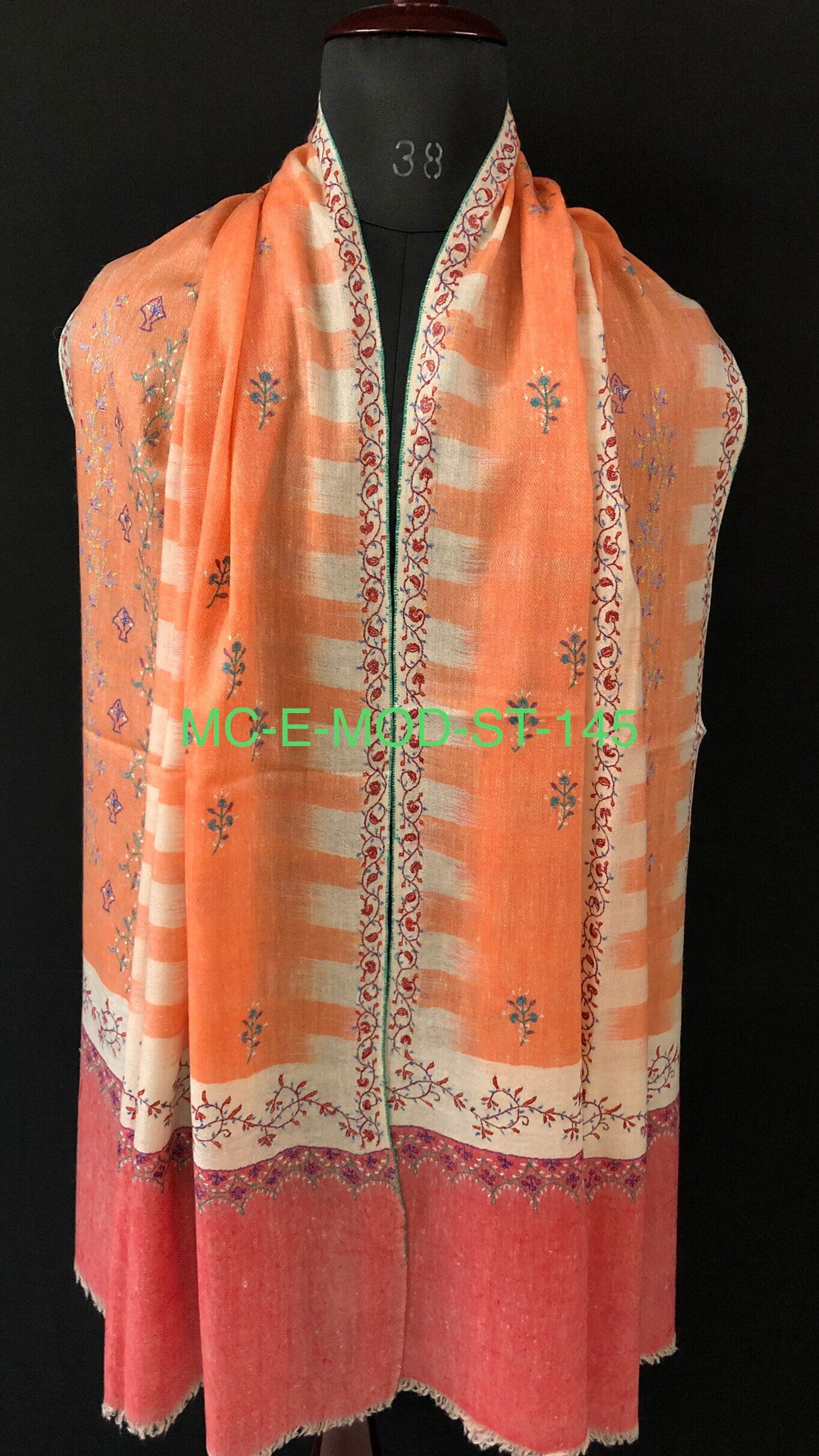 Handmade Real pashmina Papaya punch handwoven ikkat weave pattern real cashmere pashmina stole - Mehraj Crafts 