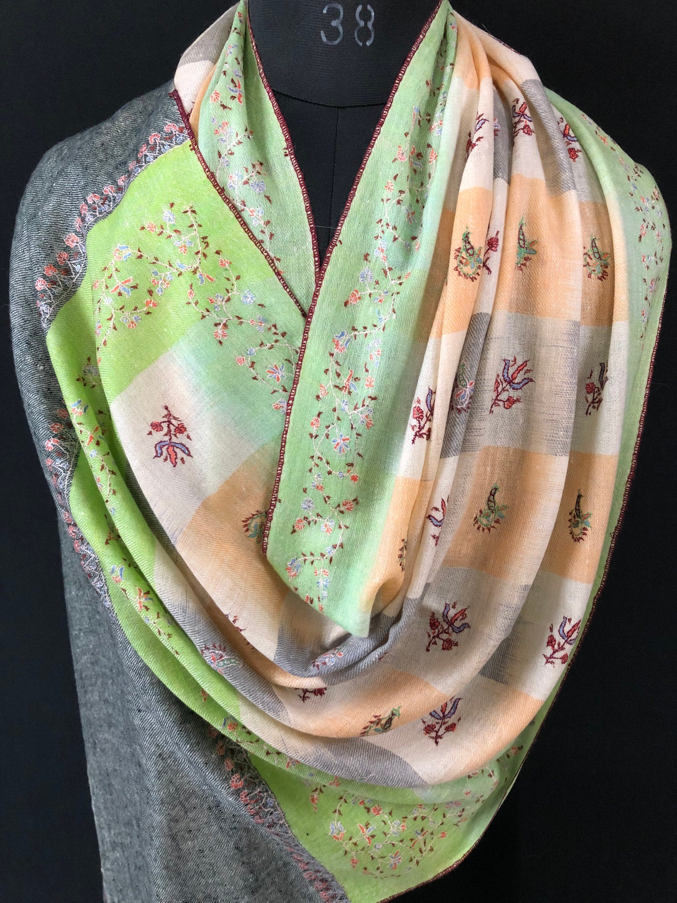 teacher gift Macaw green handwoven ikkat weave pattern sozni embroidered real cashmere pashmina stole scarf shawl - Mehraj Crafts 