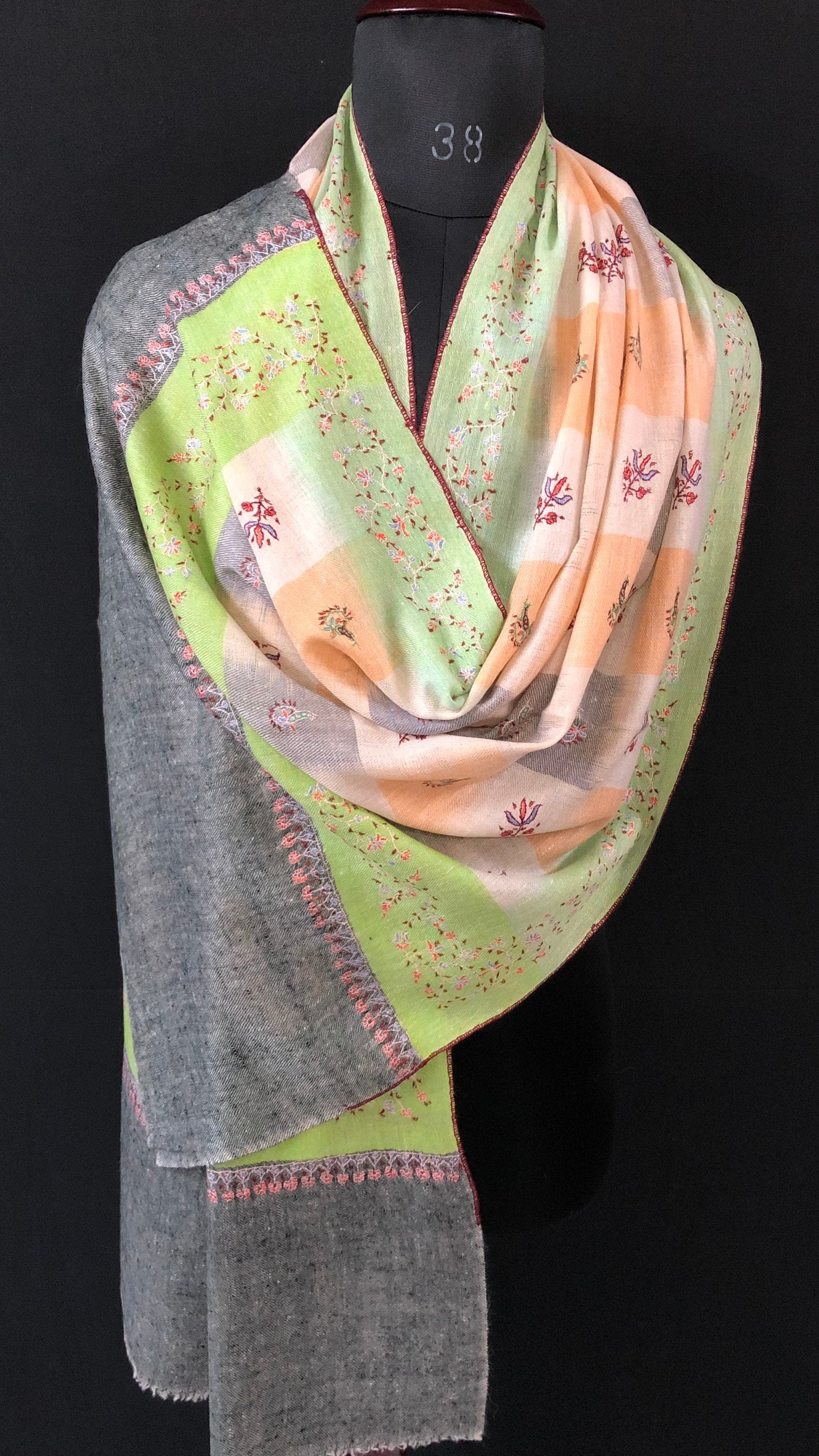 teacher gift Macaw green handwoven ikkat weave pattern sozni embroidered real cashmere pashmina stole scarf shawl - Mehraj Crafts 