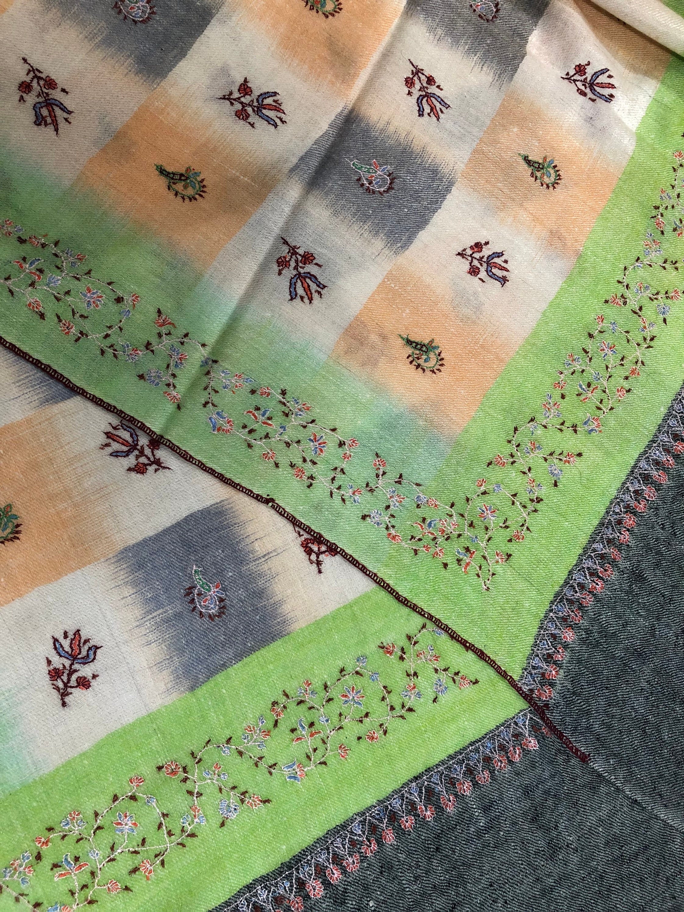 teacher gift Macaw green handwoven ikkat weave pattern sozni embroidered real cashmere pashmina stole scarf shawl - Mehraj Crafts 