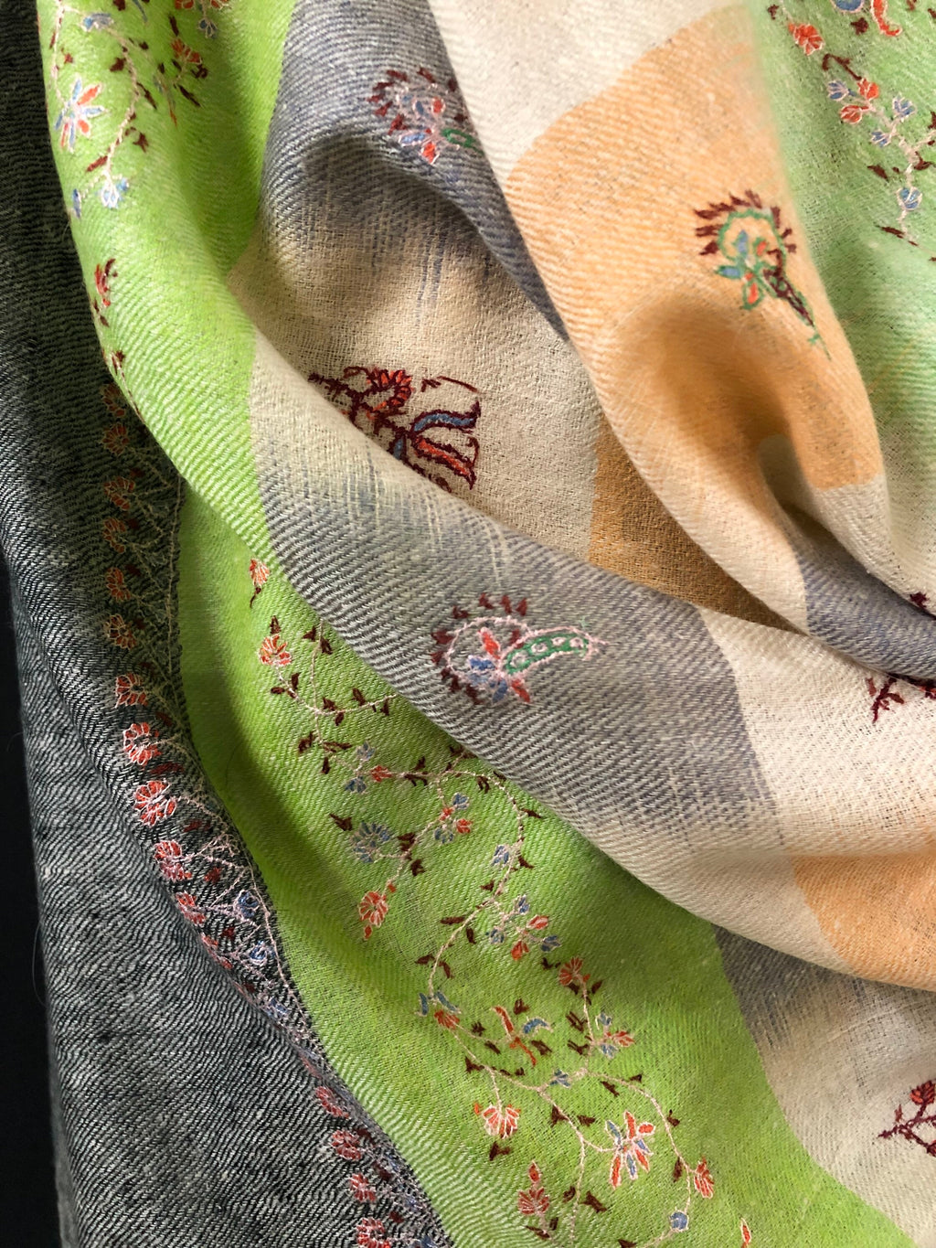 teacher gift Macaw green handwoven ikkat weave pattern sozni embroidered real cashmere pashmina stole scarf shawl - Mehraj Crafts 