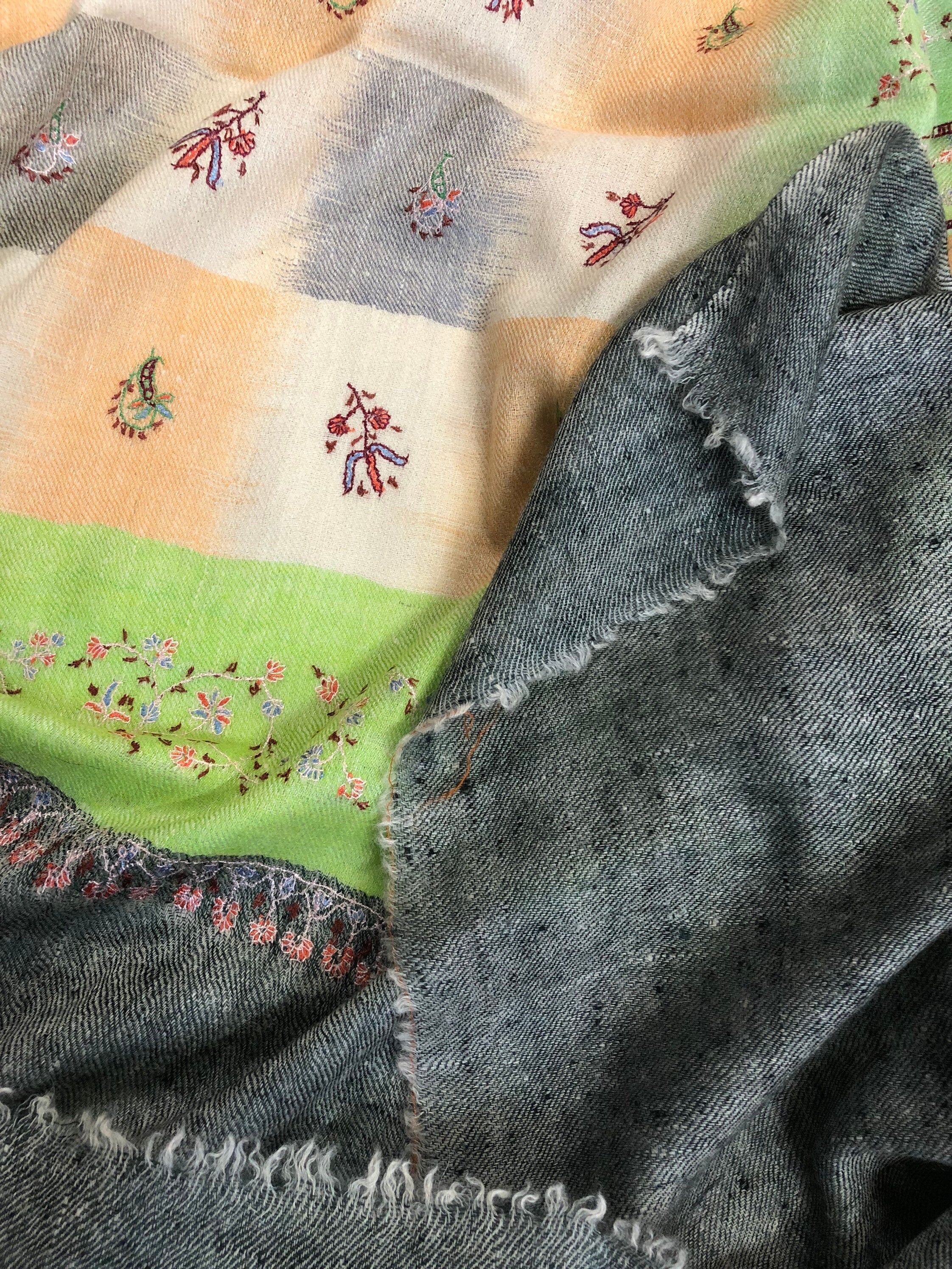 teacher gift Macaw green handwoven ikkat weave pattern sozni embroidered real cashmere pashmina stole scarf shawl - Mehraj Crafts 