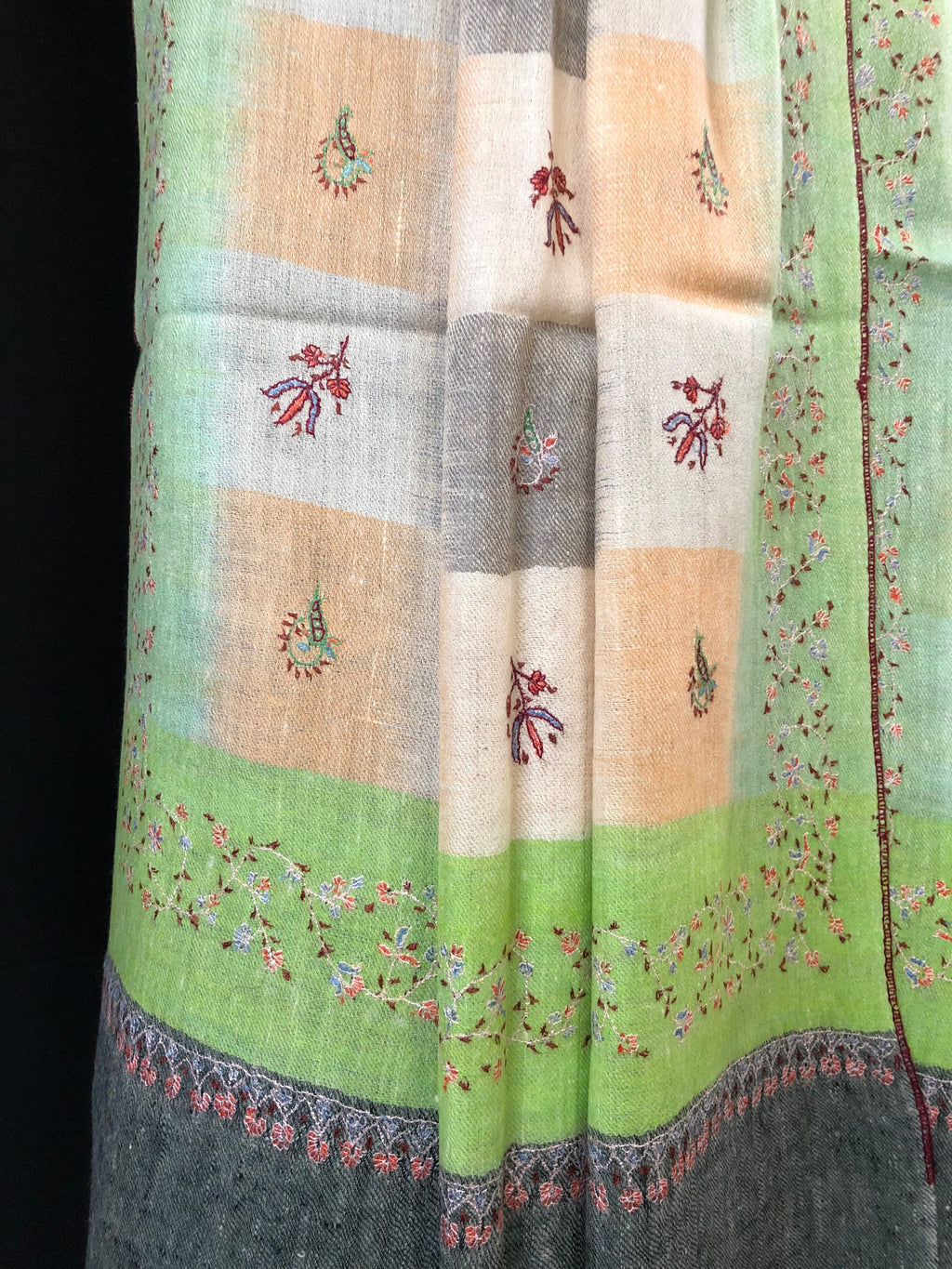 teacher gift Macaw green handwoven ikkat weave pattern sozni embroidered real cashmere pashmina stole scarf shawl - Mehraj Crafts 