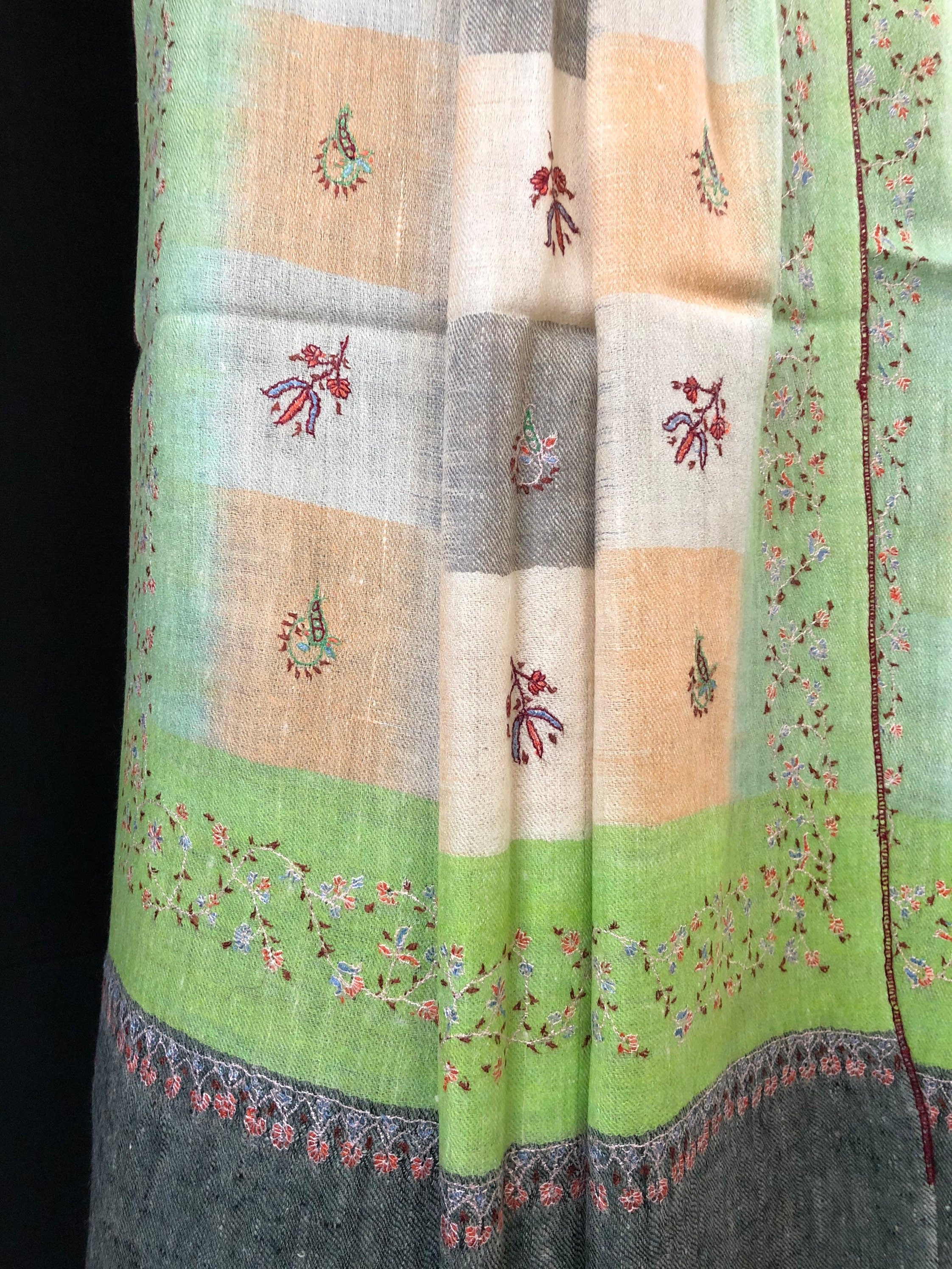 teacher gift Macaw green handwoven ikkat weave pattern sozni embroidered real cashmere pashmina stole scarf shawl - Mehraj Crafts 