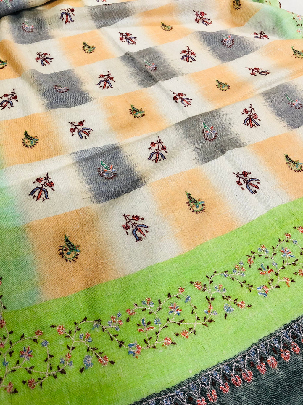 teacher gift Macaw green handwoven ikkat weave pattern sozni embroidered real cashmere pashmina stole scarf shawl - Mehraj Crafts 