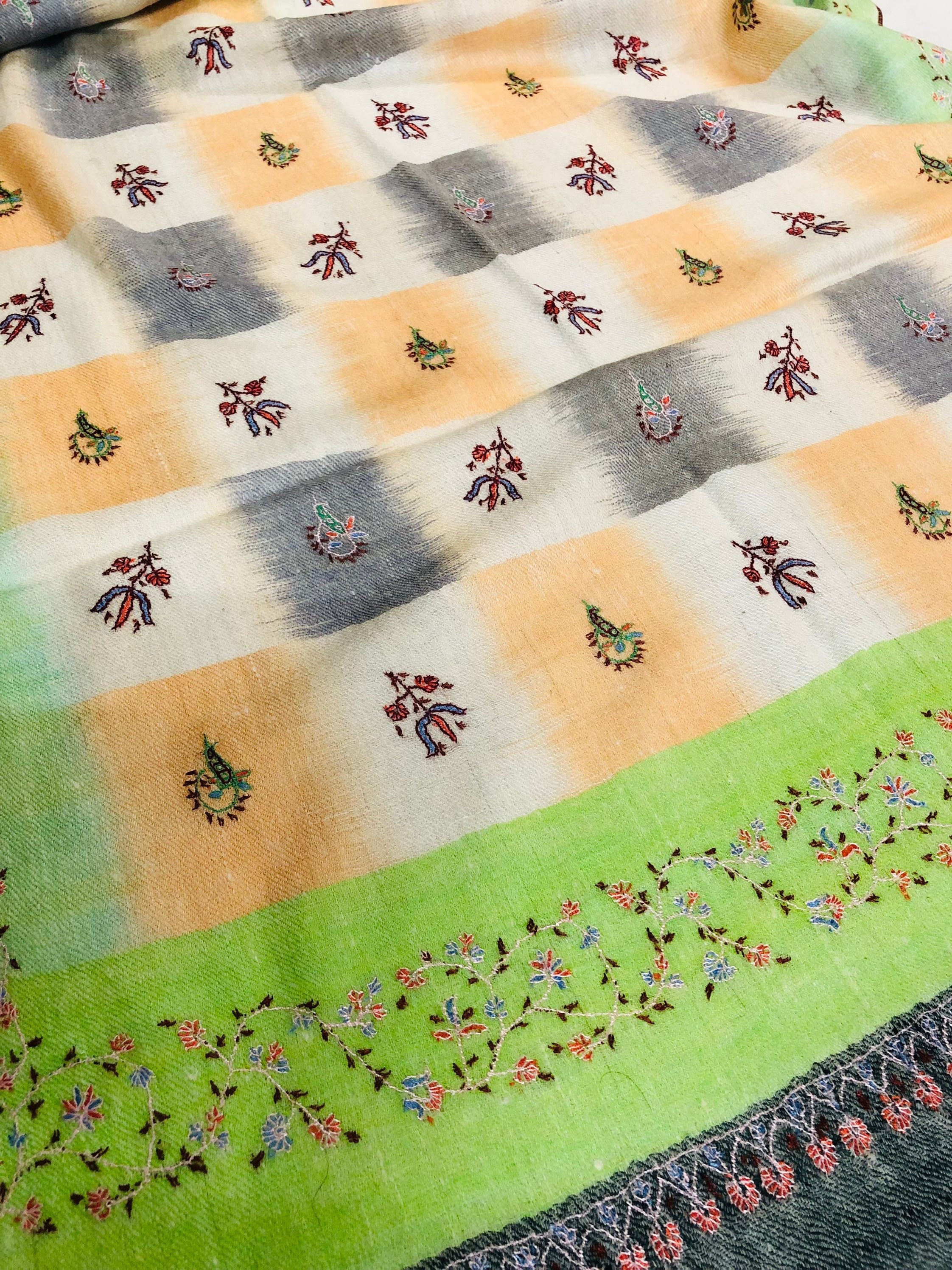 teacher gift Macaw green handwoven ikkat weave pattern sozni embroidered real cashmere pashmina stole scarf shawl - Mehraj Crafts 