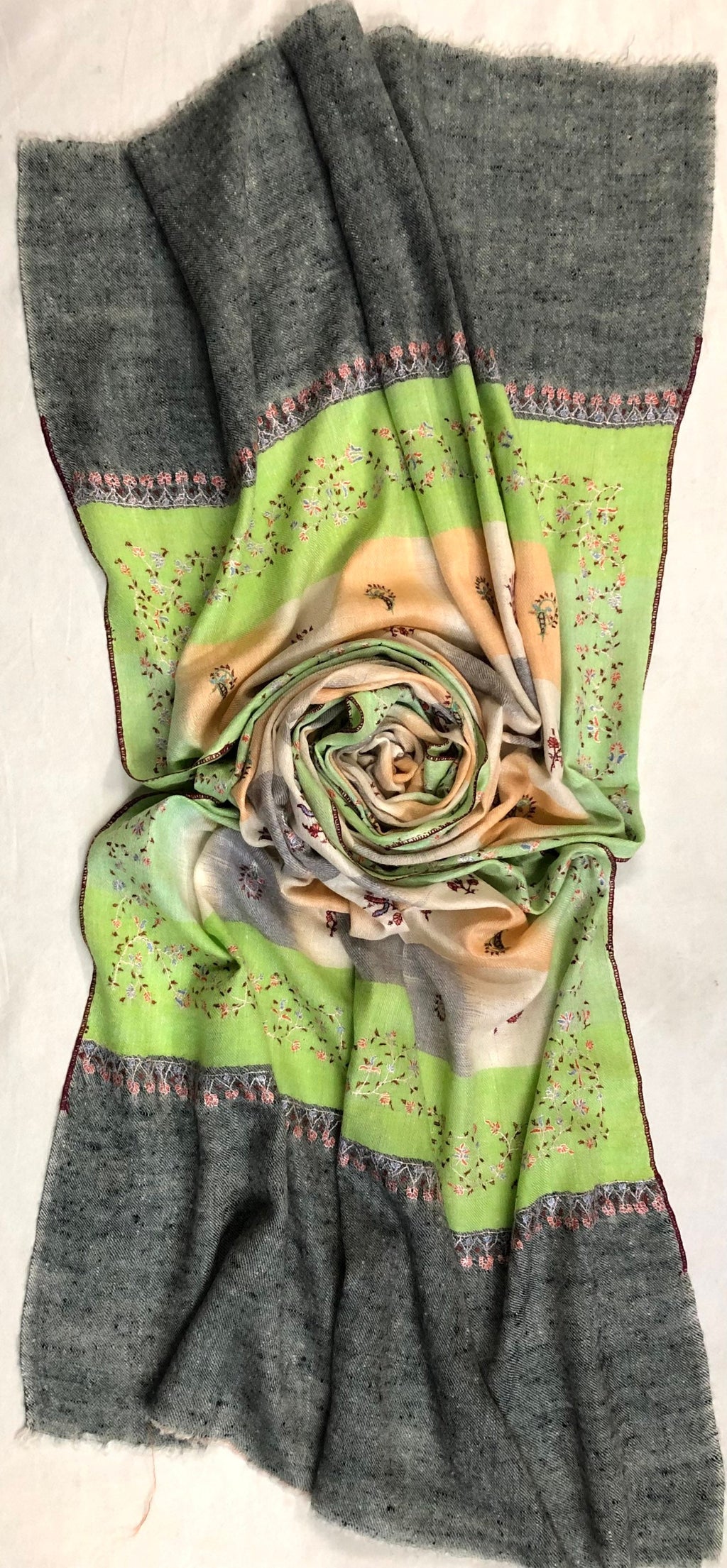 teacher gift Macaw green handwoven ikkat weave pattern sozni embroidered real cashmere pashmina stole scarf shawl - Mehraj Crafts 