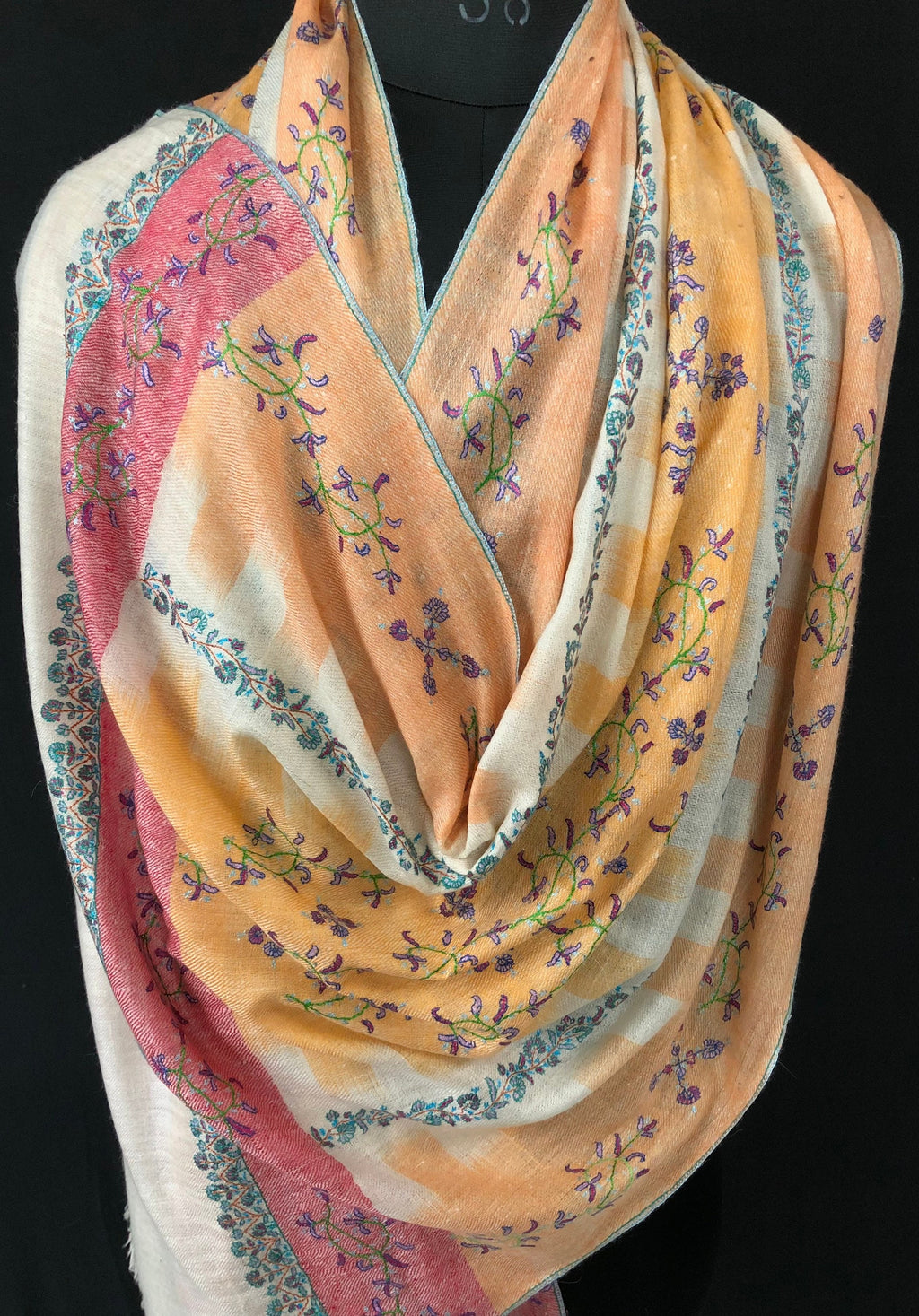 teacher gift Autumn sunset handwoven ikkat weave pattern sozni hand embroidered real cashmere pashmina stole scarf shawl - Mehraj Crafts 