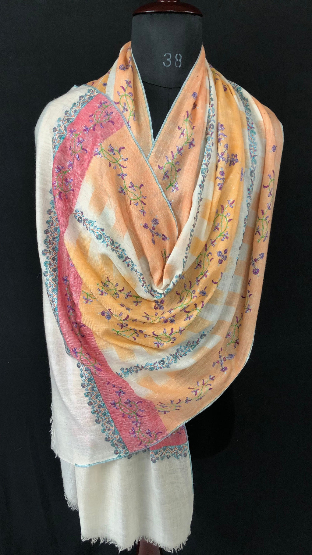 teacher gift Autumn sunset handwoven ikkat weave pattern sozni hand embroidered real cashmere pashmina stole scarf shawl - Mehraj Crafts 