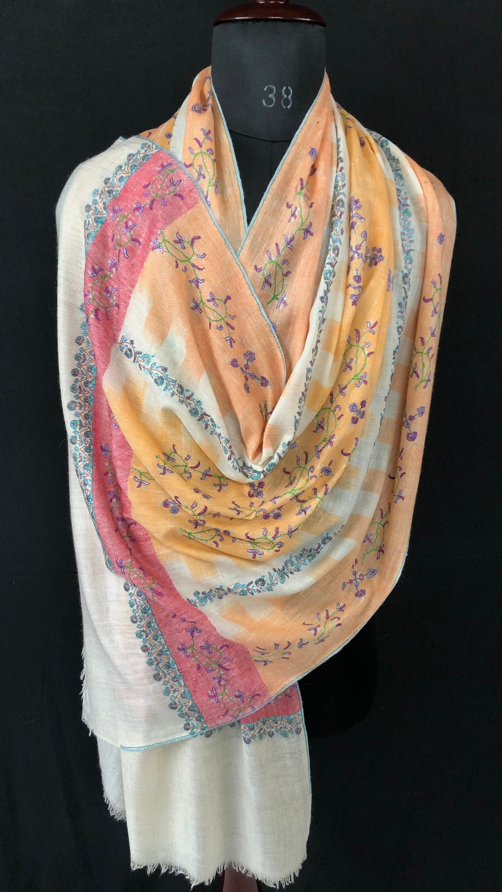 teacher gift Autumn sunset handwoven ikkat weave pattern sozni hand embroidered real cashmere pashmina stole scarf shawl - Mehraj Crafts 