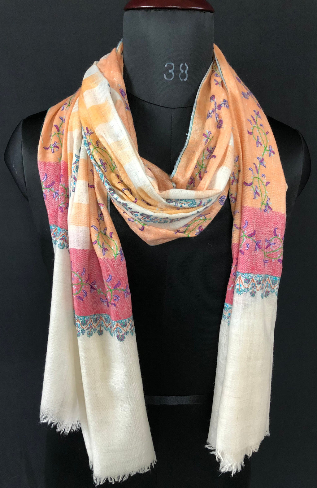 teacher gift Autumn sunset handwoven ikkat weave pattern sozni hand embroidered real cashmere pashmina stole scarf shawl - Mehraj Crafts 