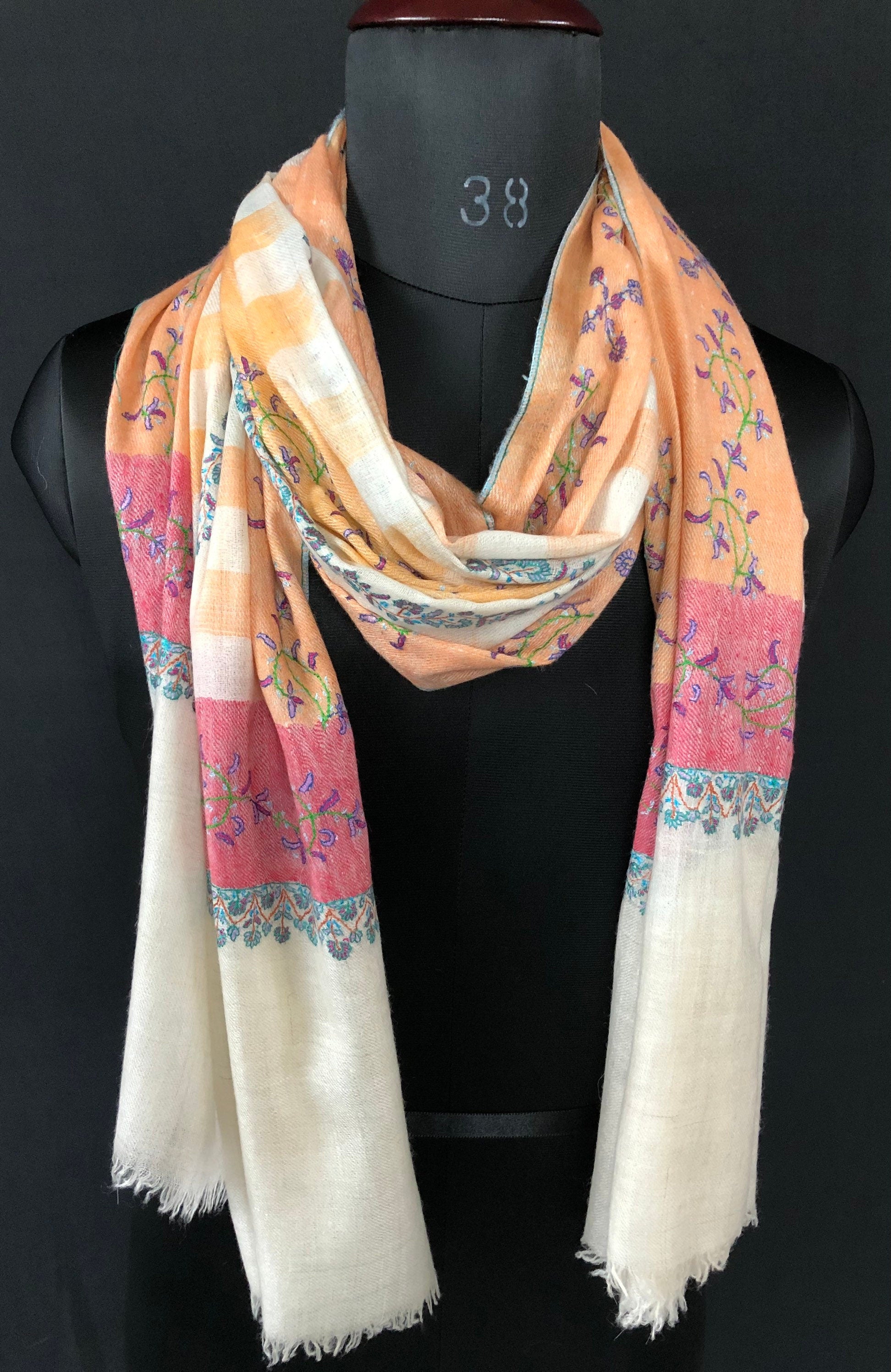 teacher gift Autumn sunset handwoven ikkat weave pattern sozni hand embroidered real cashmere pashmina stole scarf shawl - Mehraj Crafts 