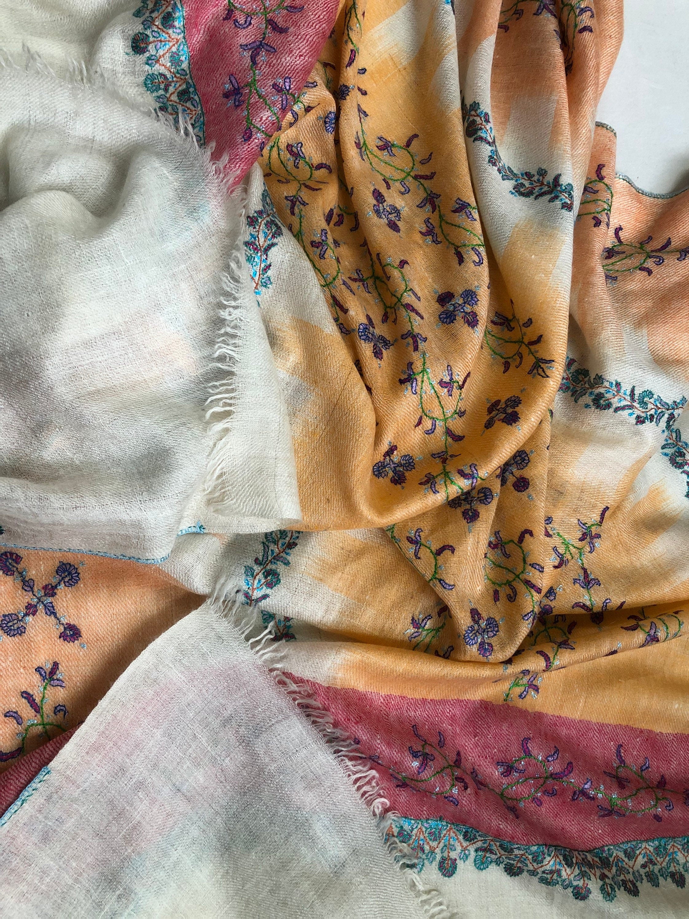 teacher gift Autumn sunset handwoven ikkat weave pattern sozni hand embroidered real cashmere pashmina stole scarf shawl - Mehraj Crafts 