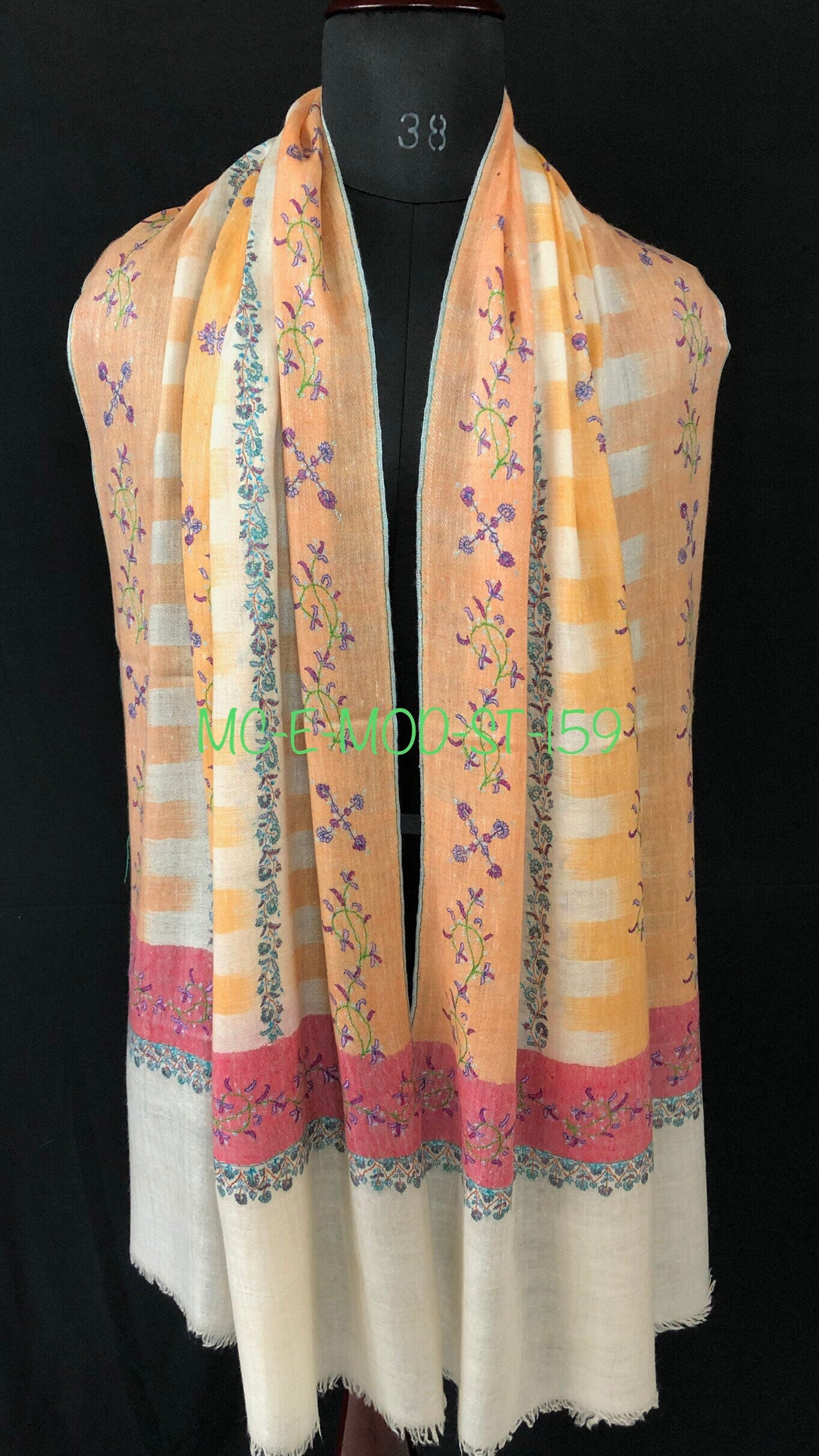 teacher gift Autumn sunset handwoven ikkat weave pattern sozni hand embroidered real cashmere pashmina stole scarf shawl - Mehraj Crafts 