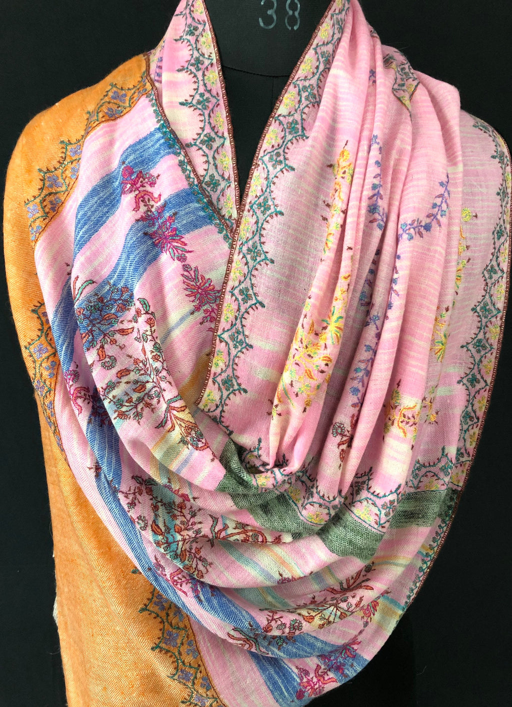Floral New Year's Eve Rose-bloom handwoven ikkat weave pattern sozni hand embroidered real cashmere pashmina stole scarf shawl - Mehraj Crafts 