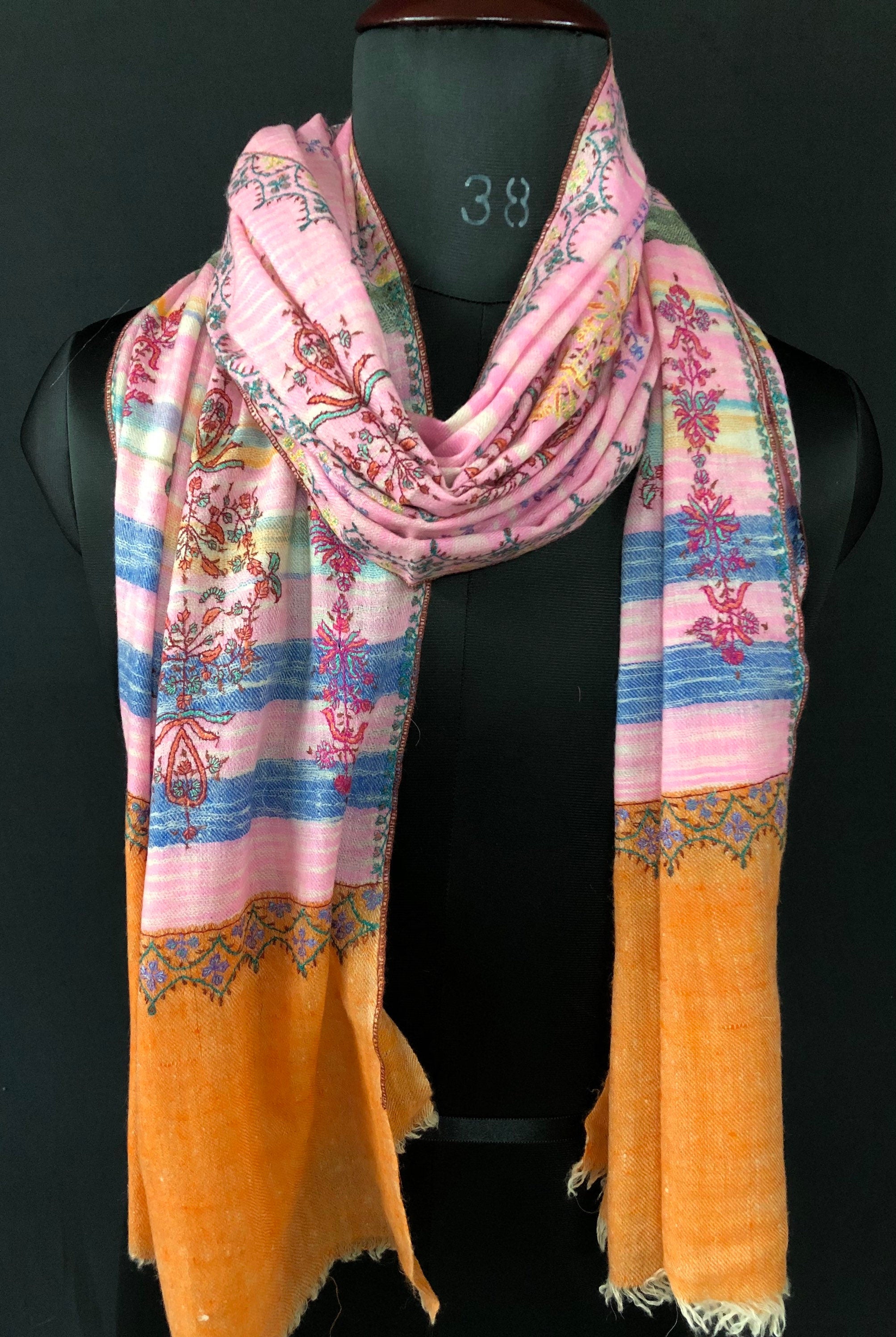 Floral New Year's Eve Rose-bloom handwoven ikkat weave pattern sozni hand embroidered real cashmere pashmina stole scarf shawl - Mehraj Crafts 