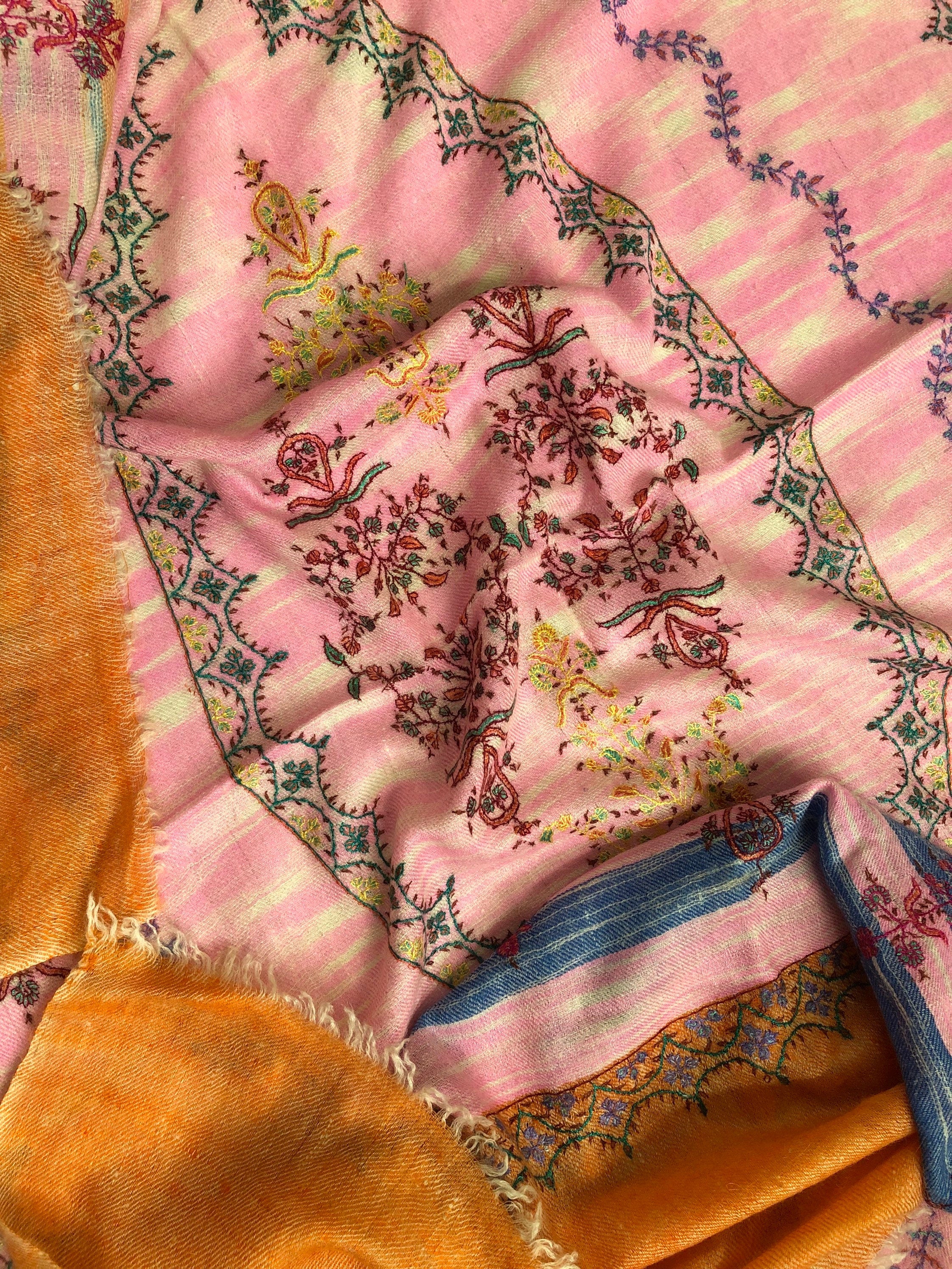 Floral New Year's Eve Rose-bloom handwoven ikkat weave pattern sozni hand embroidered real cashmere pashmina stole scarf shawl - Mehraj Crafts 