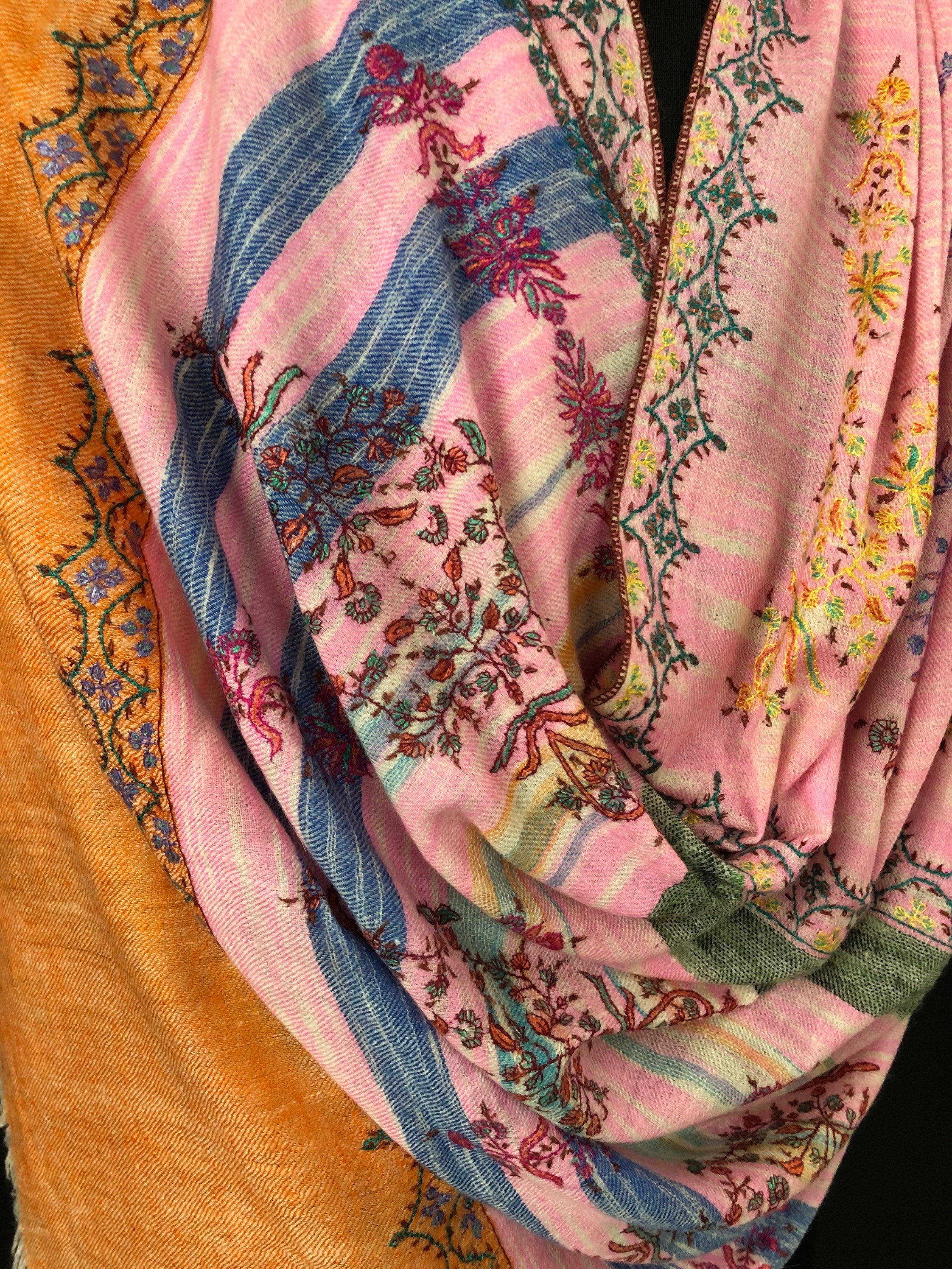 Floral New Year's Eve Rose-bloom handwoven ikkat weave pattern sozni hand embroidered real cashmere pashmina stole scarf shawl - Mehraj Crafts 