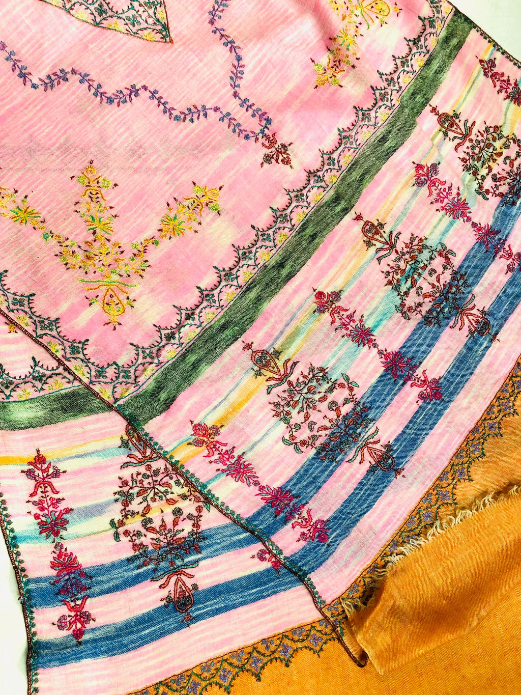 Floral New Year's Eve Rose-bloom handwoven ikkat weave pattern sozni hand embroidered real cashmere pashmina stole scarf shawl - Mehraj Crafts 