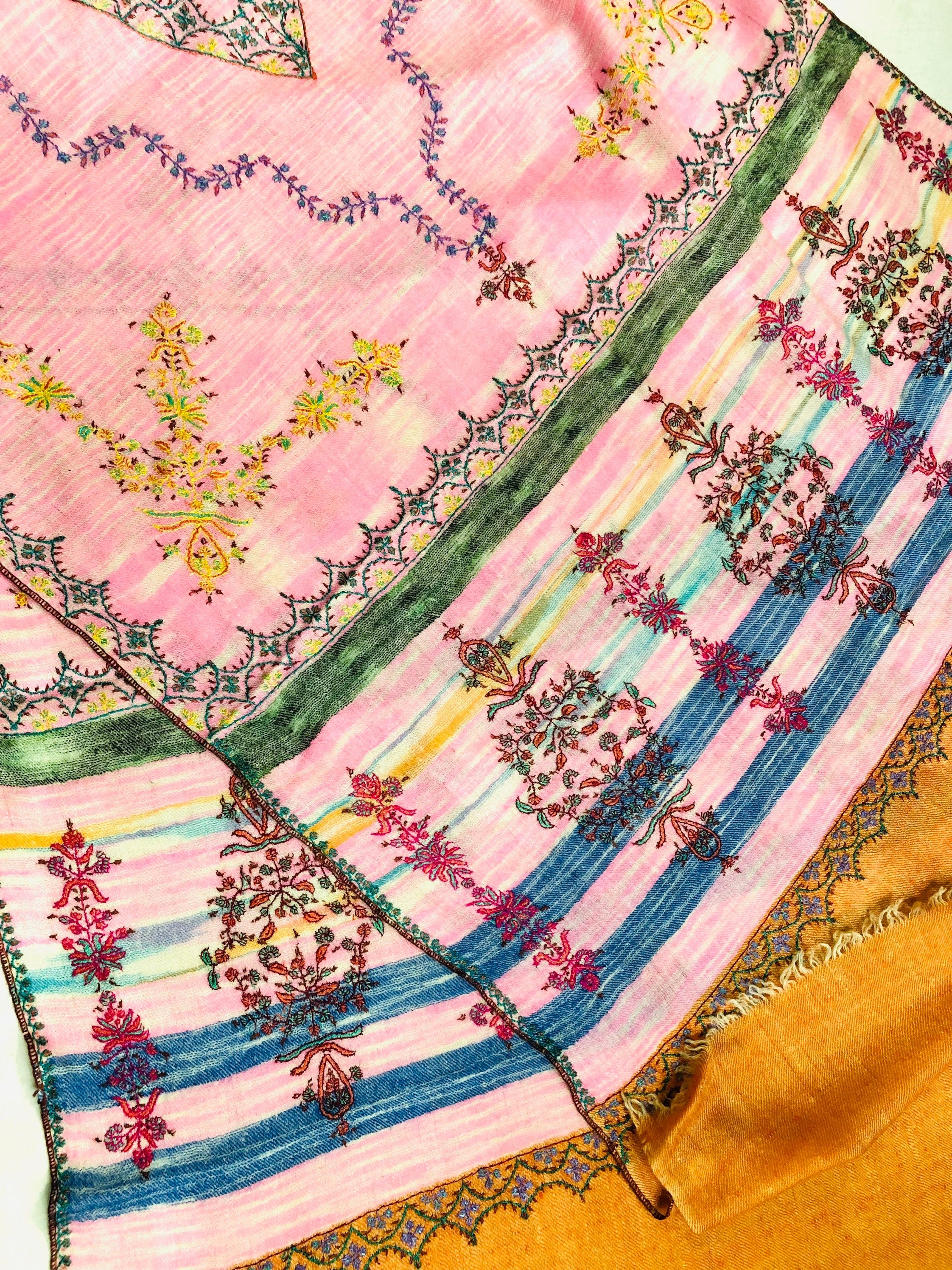 Floral New Year's Eve Rose-bloom handwoven ikkat weave pattern sozni hand embroidered real cashmere pashmina stole scarf shawl - Mehraj Crafts 