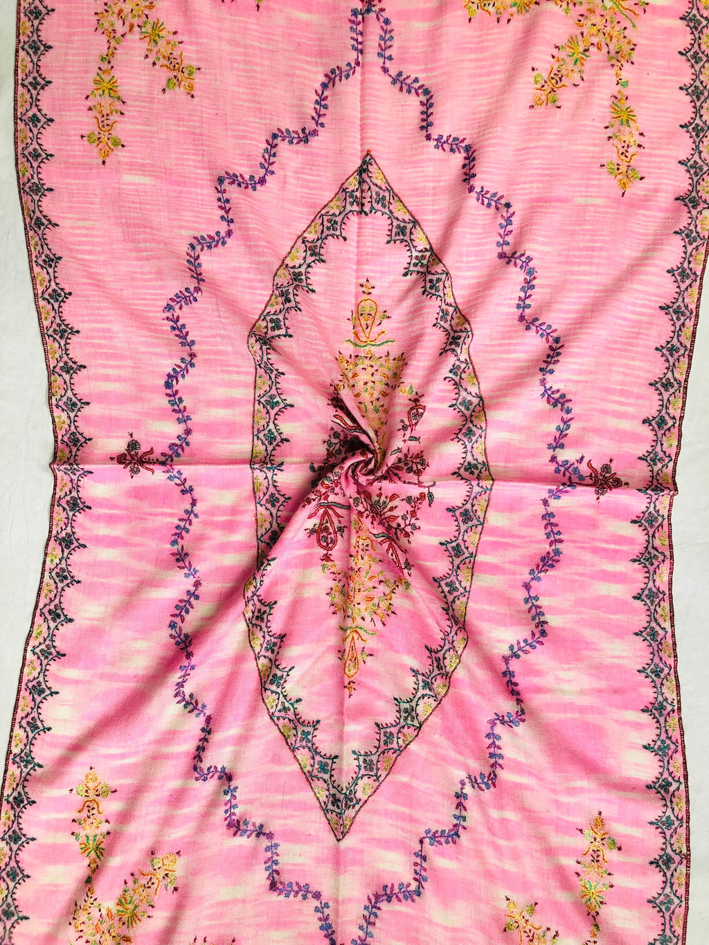 Floral New Year's Eve Rose-bloom handwoven ikkat weave pattern sozni hand embroidered real cashmere pashmina stole scarf shawl - Mehraj Crafts 