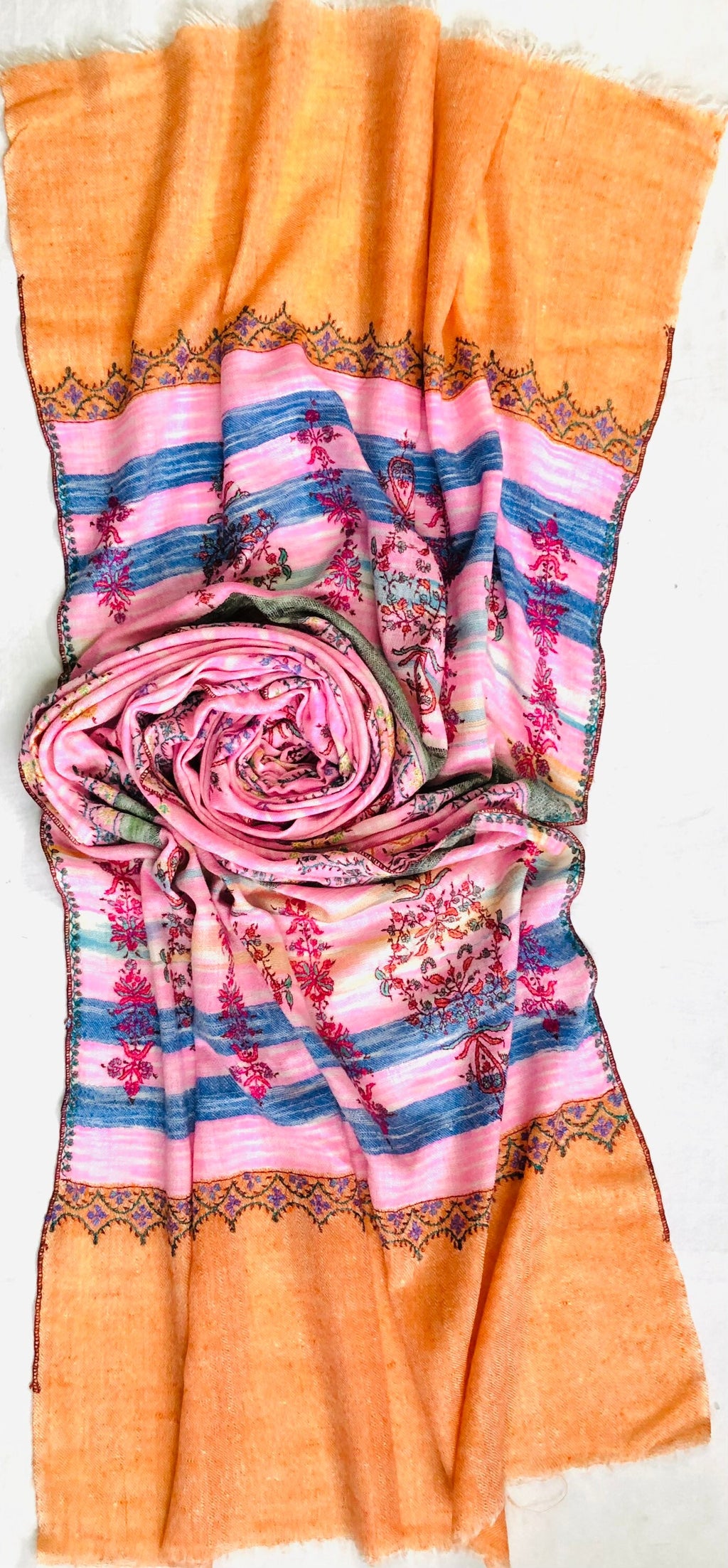 Floral New Year's Eve Rose-bloom handwoven ikkat weave pattern sozni hand embroidered real cashmere pashmina stole scarf shawl - Mehraj Crafts 