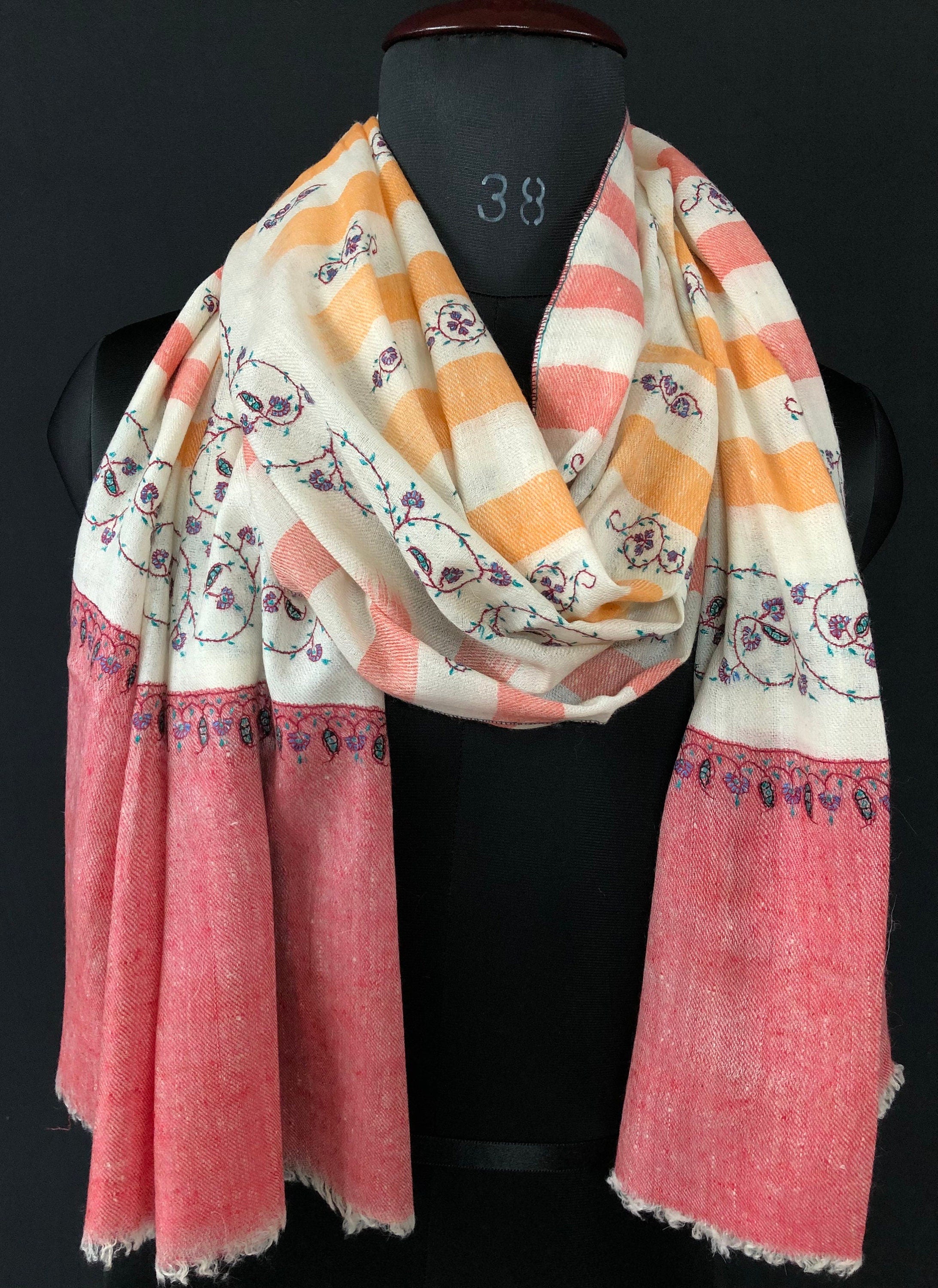 New Year's Eve Yea rose handwoven ikkat weave pattern sozni hand embroidered real cashmere pashmina stole scarf shawl - Mehraj Crafts 