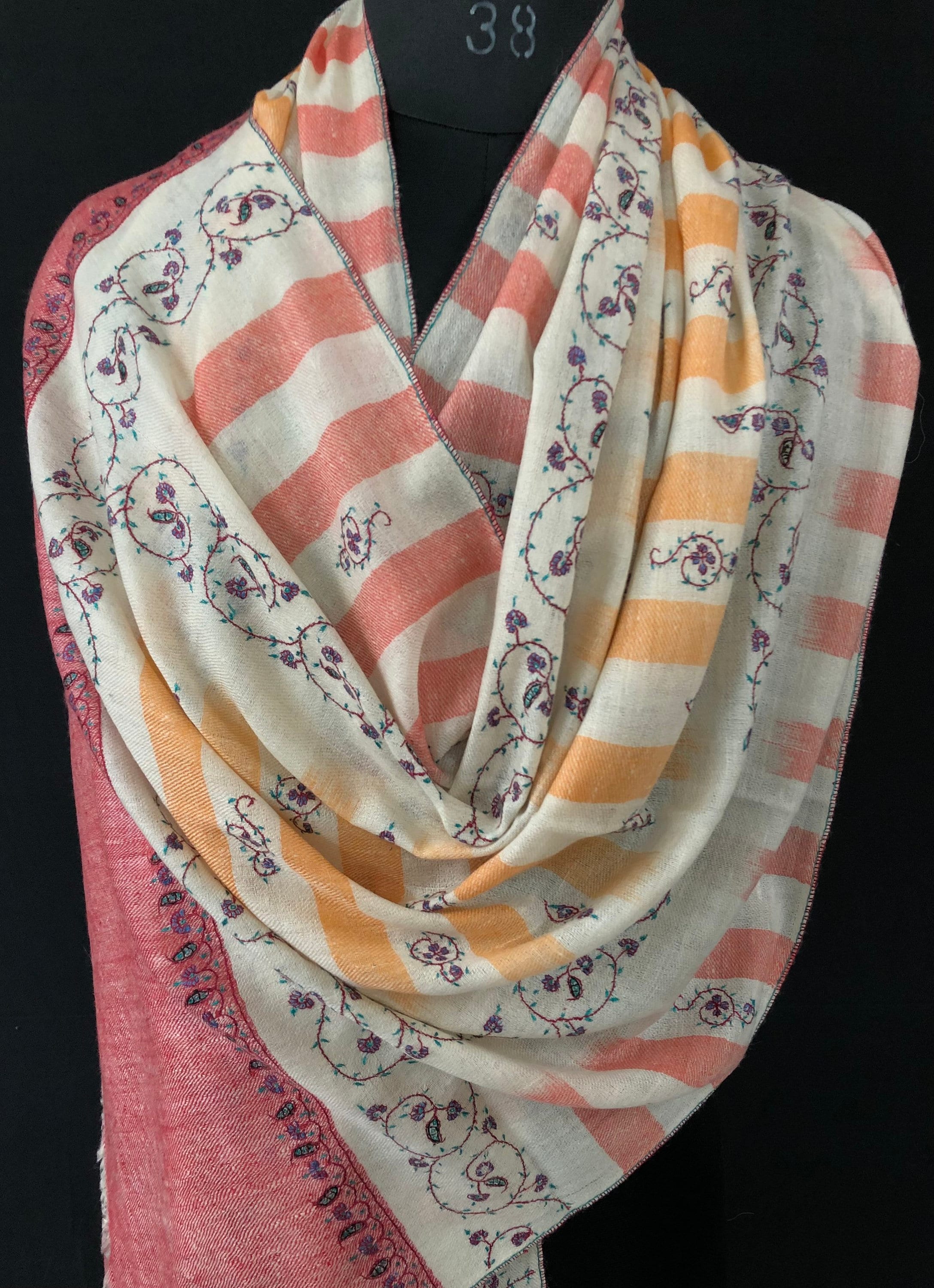 New Year's Eve Yea rose handwoven ikkat weave pattern sozni hand embroidered real cashmere pashmina stole scarf shawl - Mehraj Crafts 