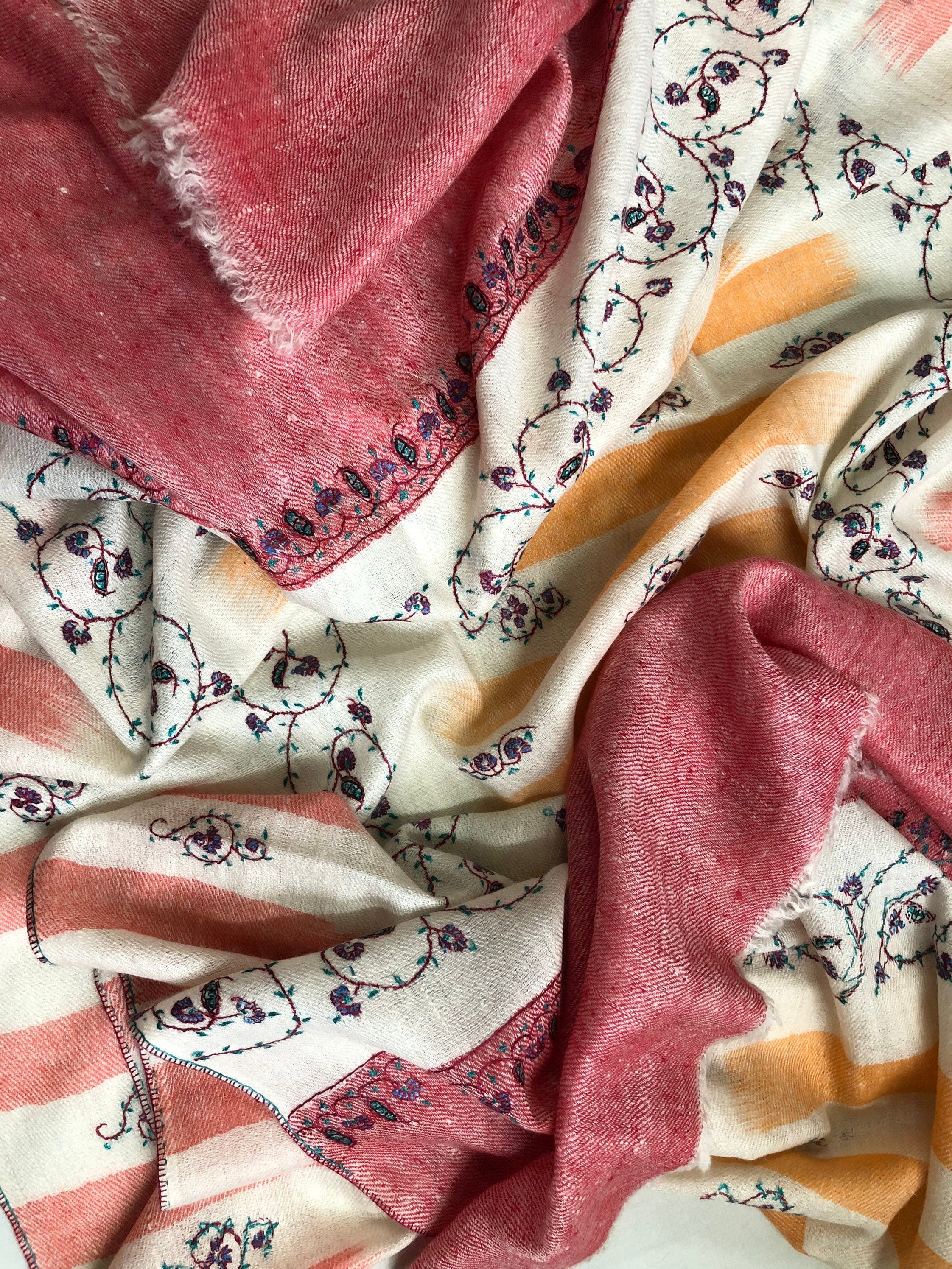 New Year's Eve Yea rose handwoven ikkat weave pattern sozni hand embroidered real cashmere pashmina stole scarf shawl - Mehraj Crafts 