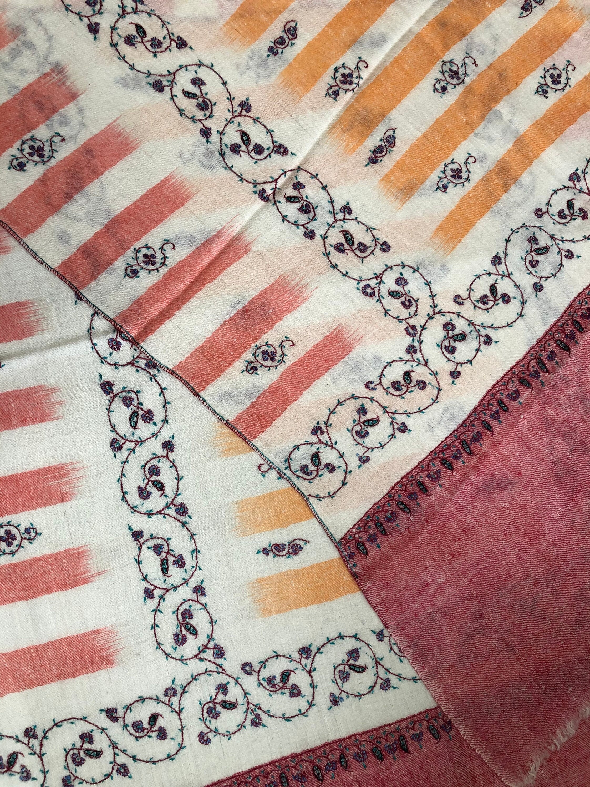 New Year's Eve Yea rose handwoven ikkat weave pattern sozni hand embroidered real cashmere pashmina stole scarf shawl - Mehraj Crafts 