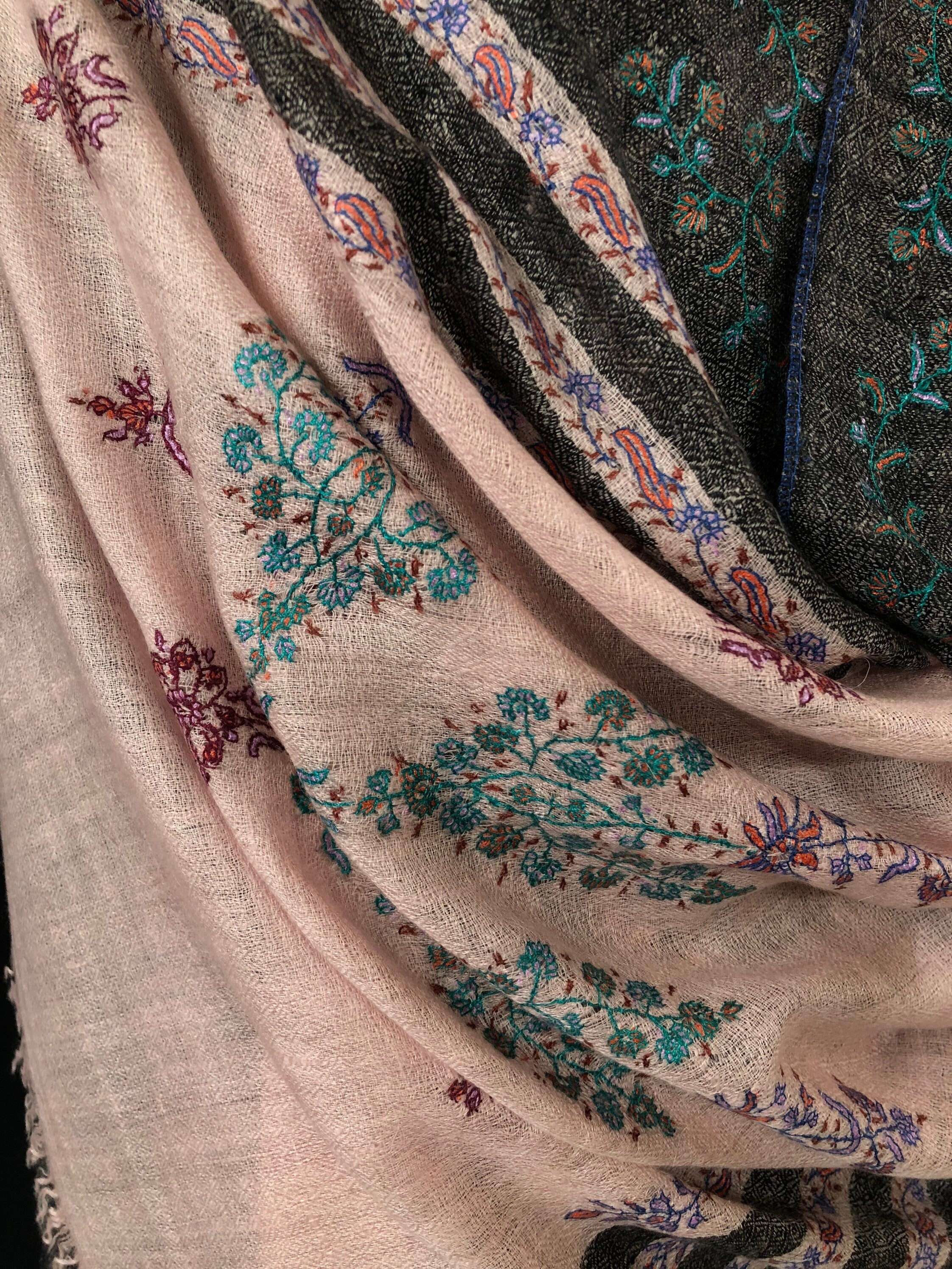 Silver pink modern design sozni fine hand embroidered real cashmere pashmina stole scarf shawl - Mehraj Crafts 